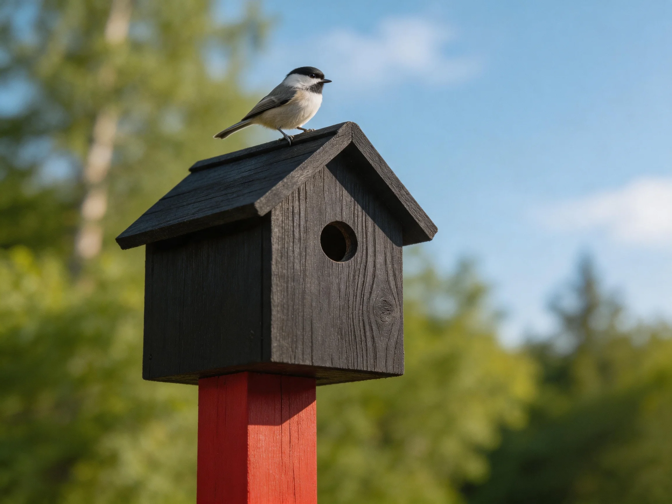 A dark gray wooden birdhouse with a chickadee on a red post