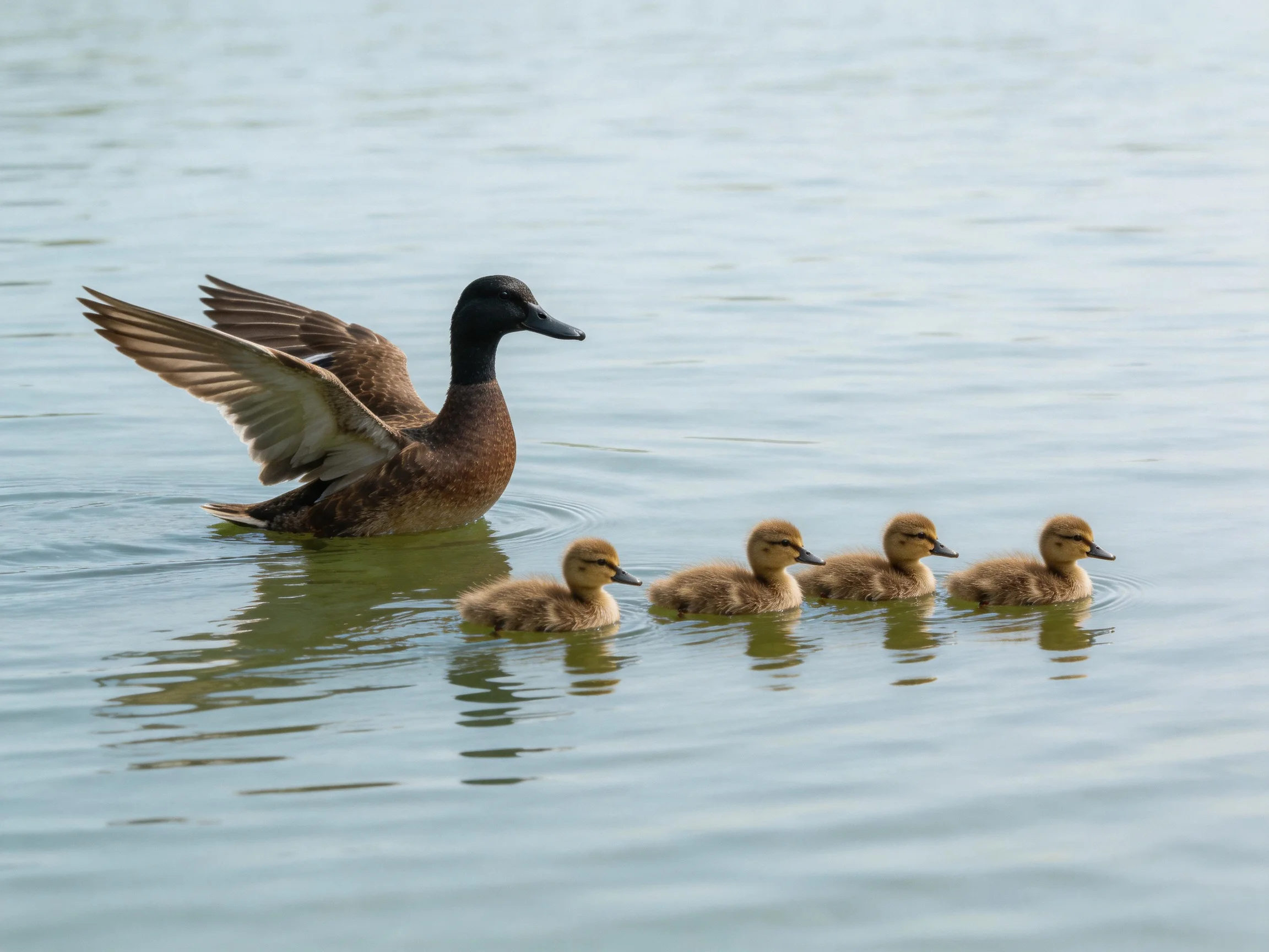 A dark-headed duck leads four brown ducklings across calm blue-green water