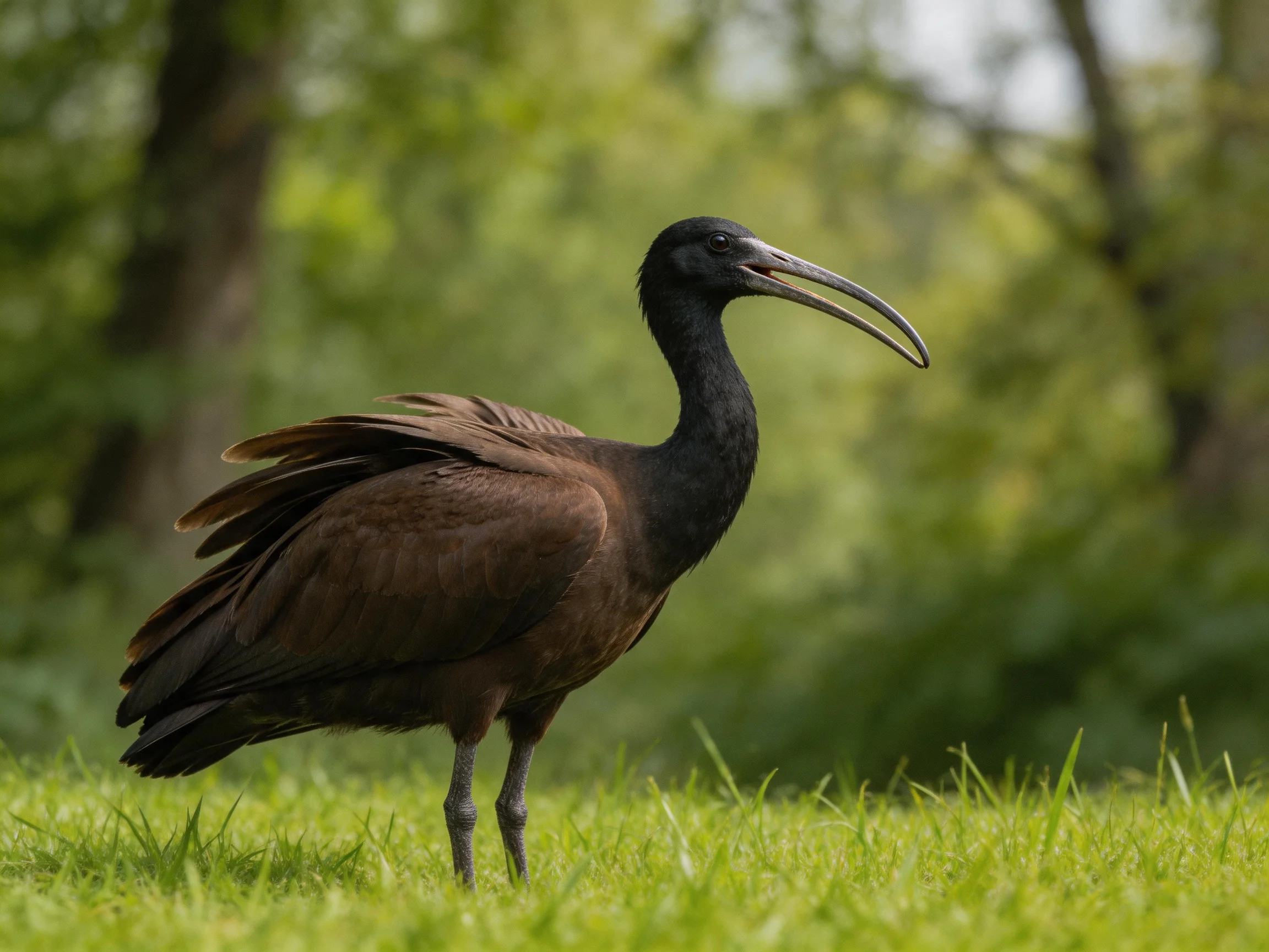 A dark - headed ibis with brown plumage on green grass