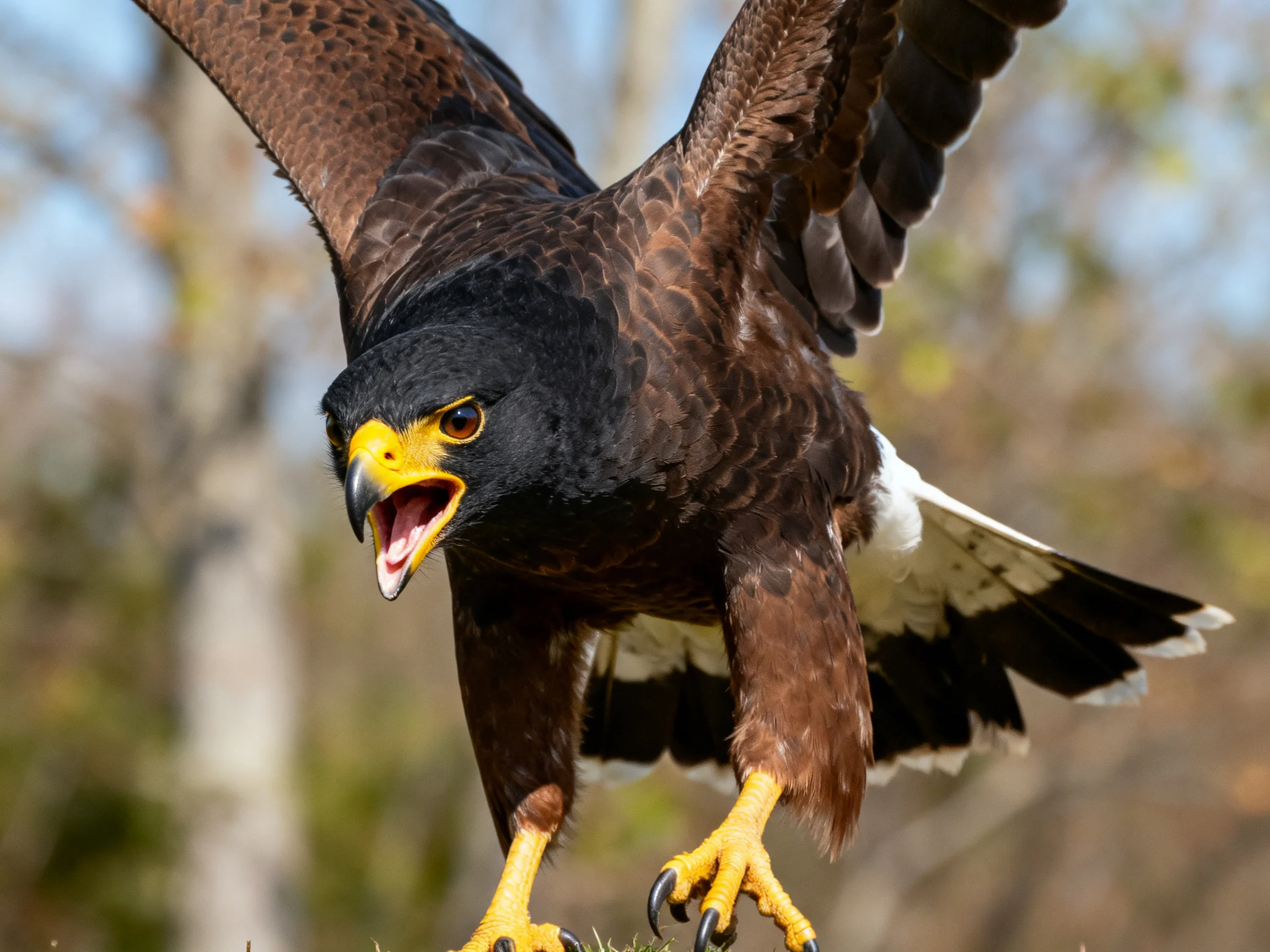 A dark-headed raptor with brown wings lands near trees