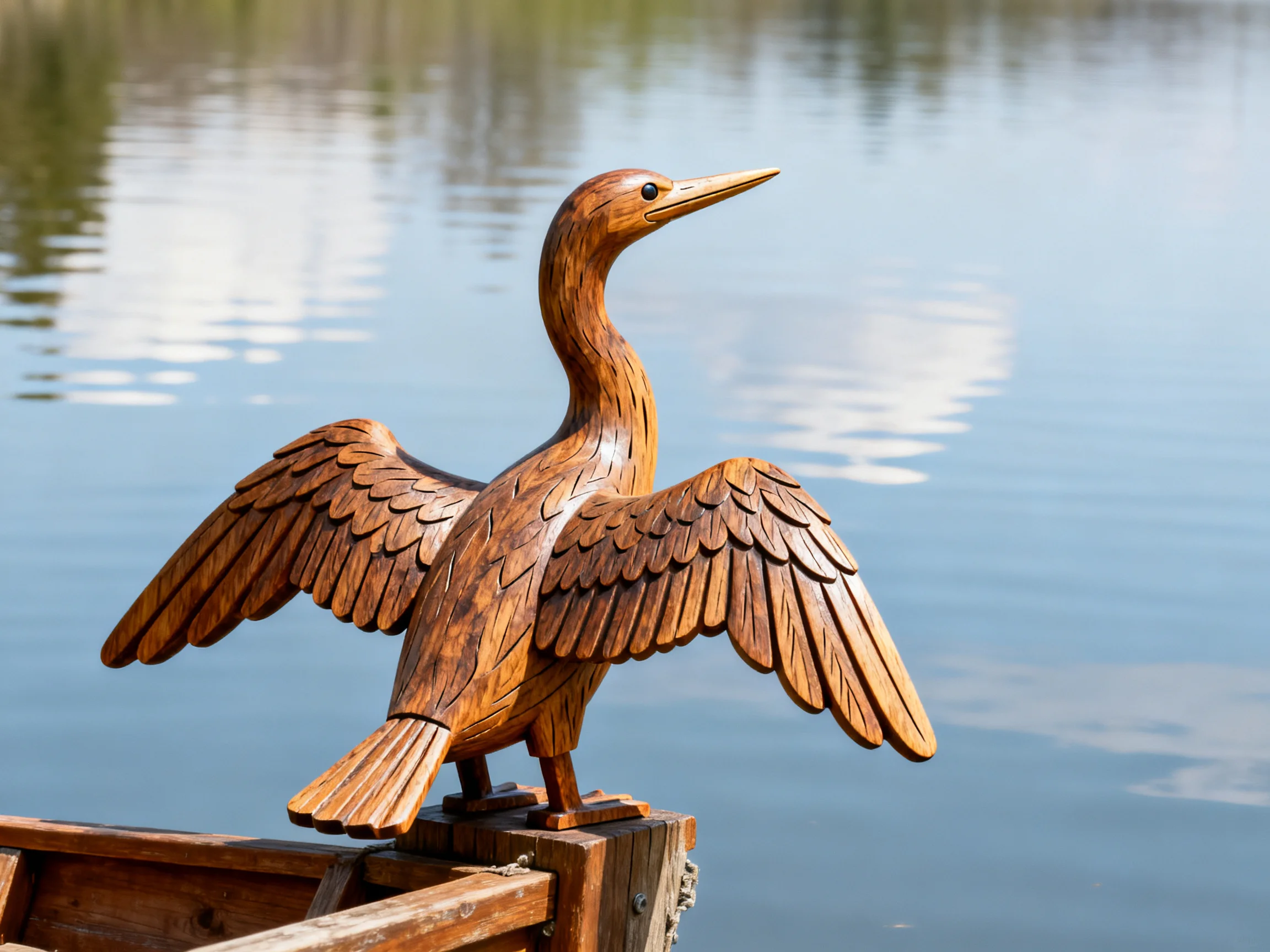 A detailed wooden bird sculpture perched by tranquil blue waters