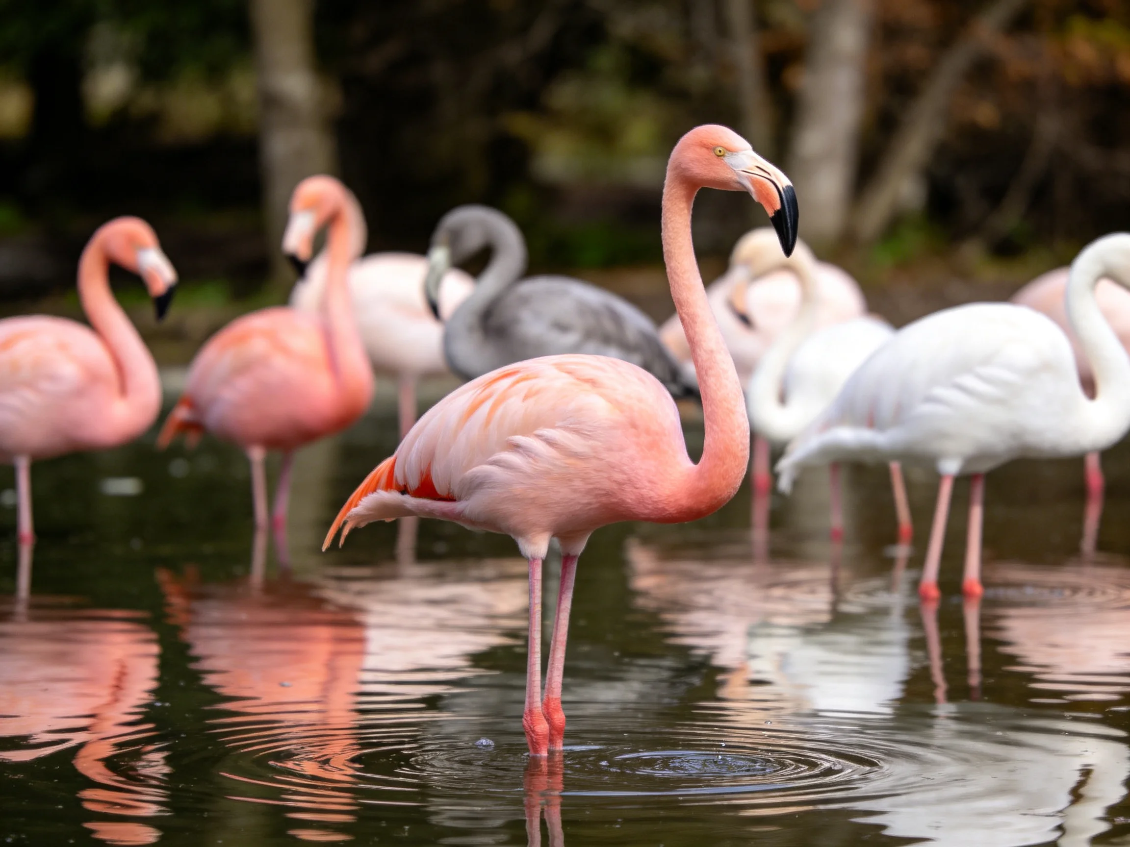 A diverse group of flamingos in pink, white, and gray waters
