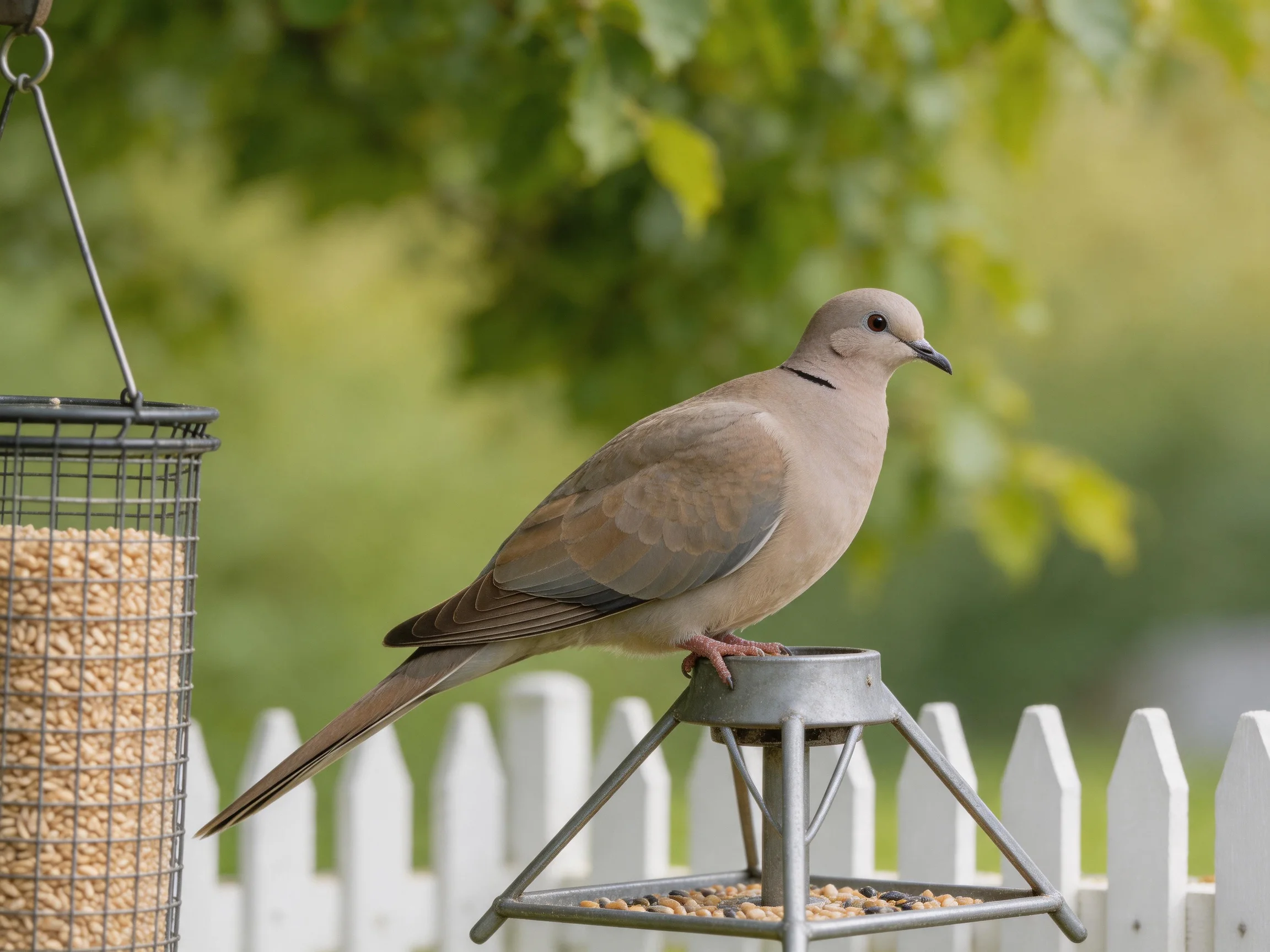 A dove perched on a metal bird feeder near a white picket fence
