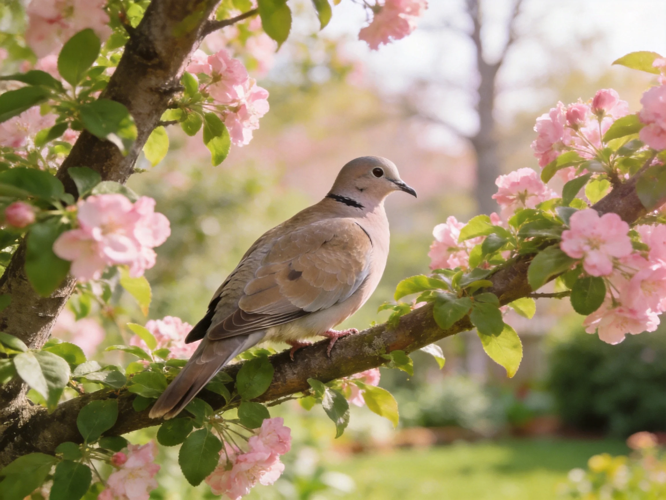 A dove rests on a flowering branch amid pink blossoms