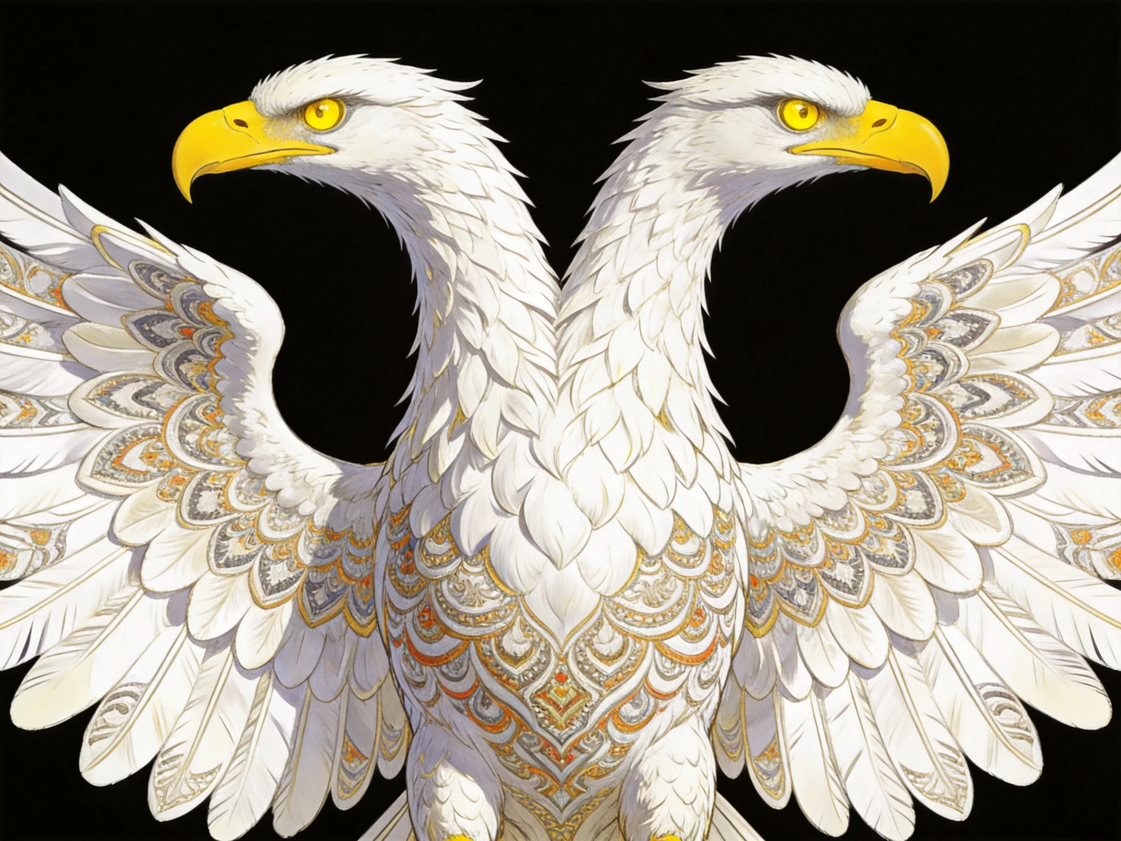 A dual-headed white eagle with ornate golden feather patterns
