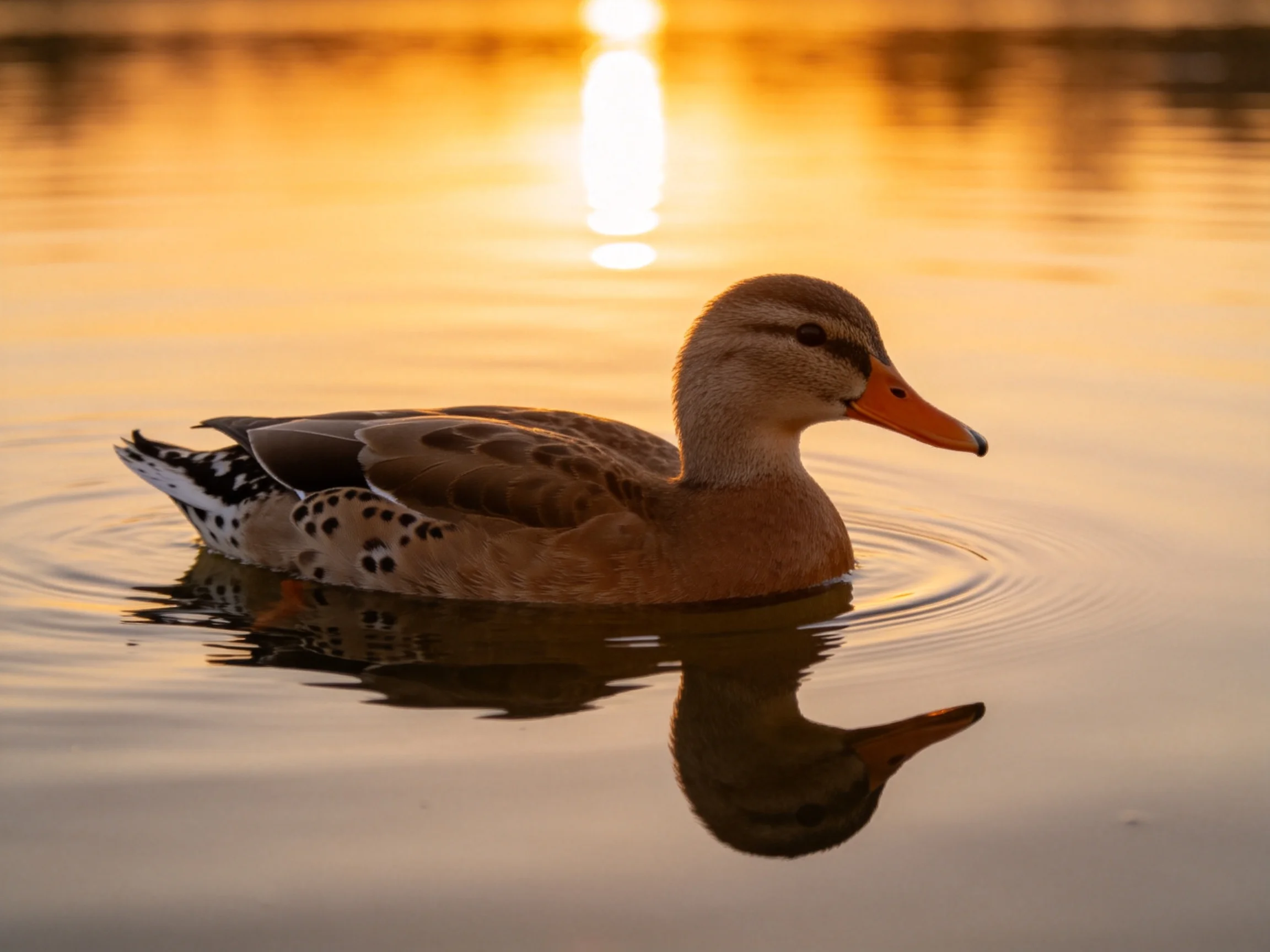 A duck glides on reflective water under golden sunlight
