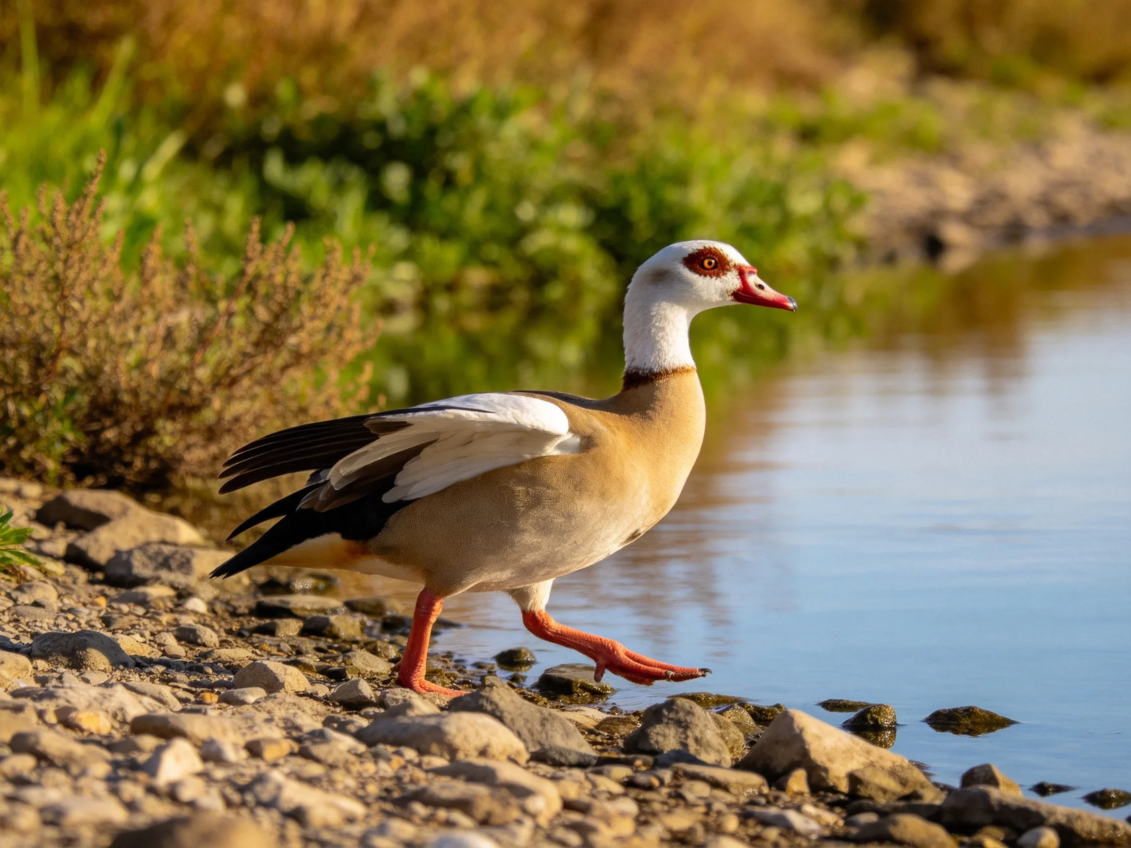 A duck-like bird with white head and brown body walks by rocky water edge