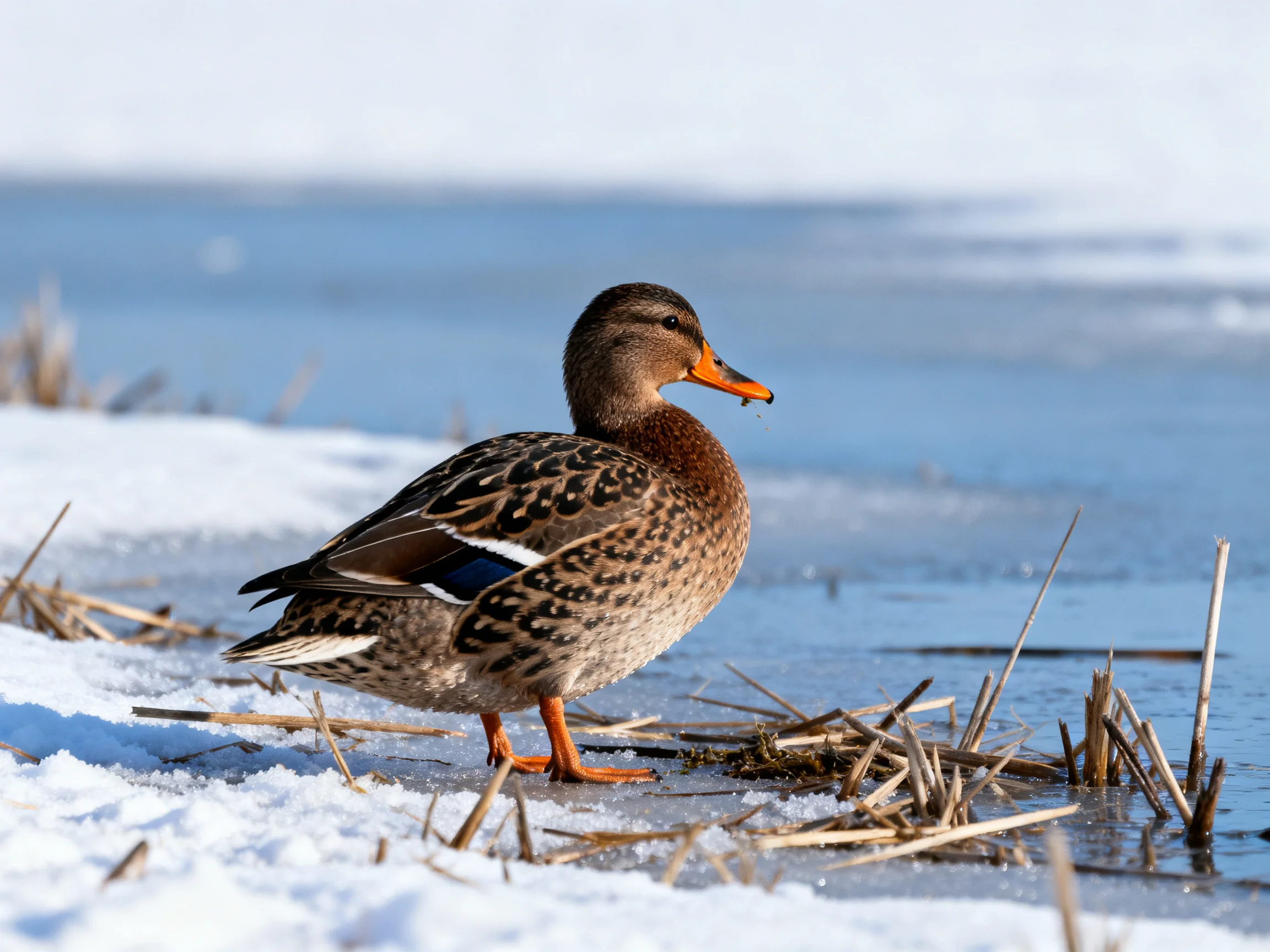 A duck on a snowy, icy shore beside blue water