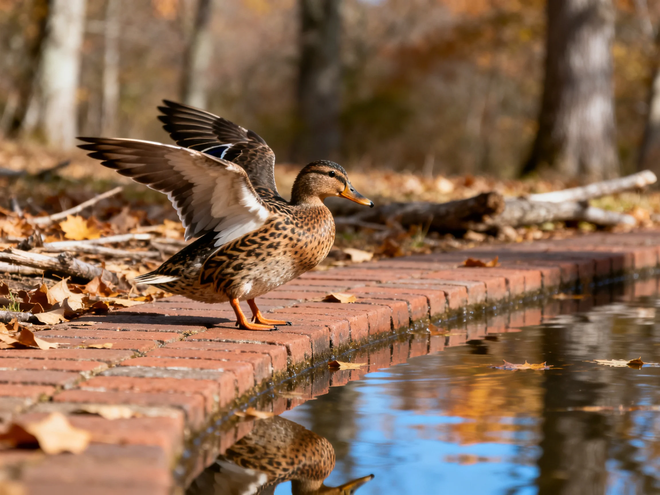 A duck spreading wings by a brick-lined waterway in autumn