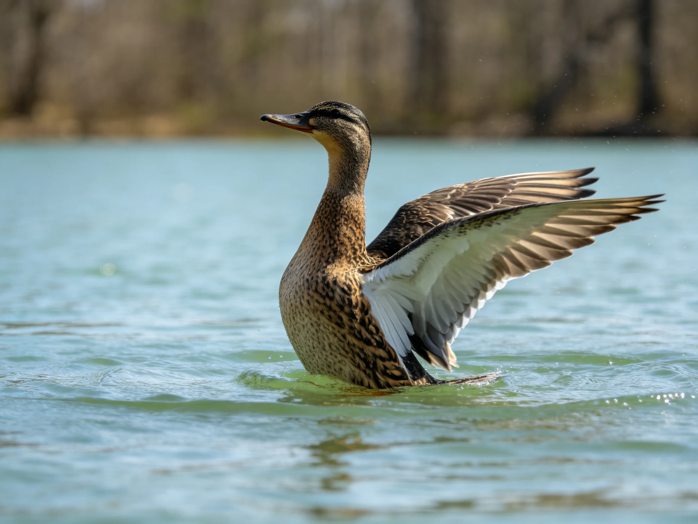A duck spreading wings in calm blue water with blurred trees
