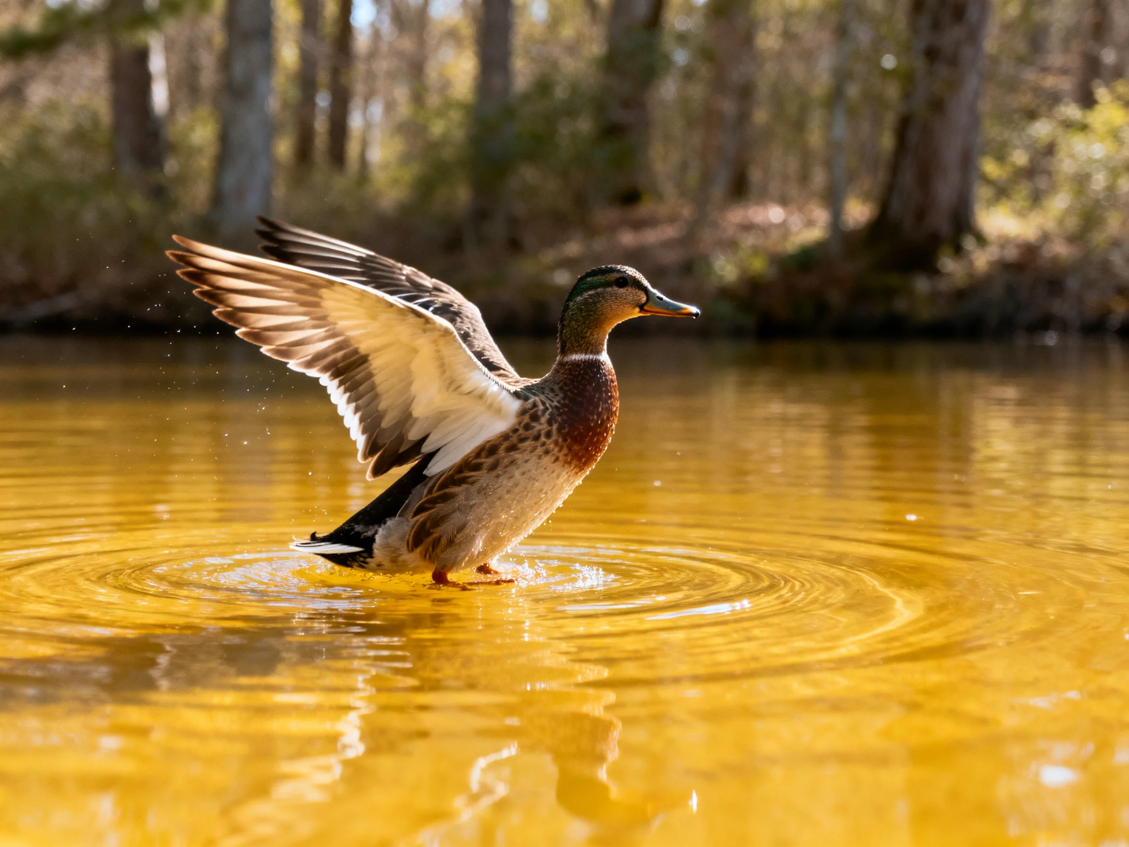 A duck spreading wings in golden-hued water near trees