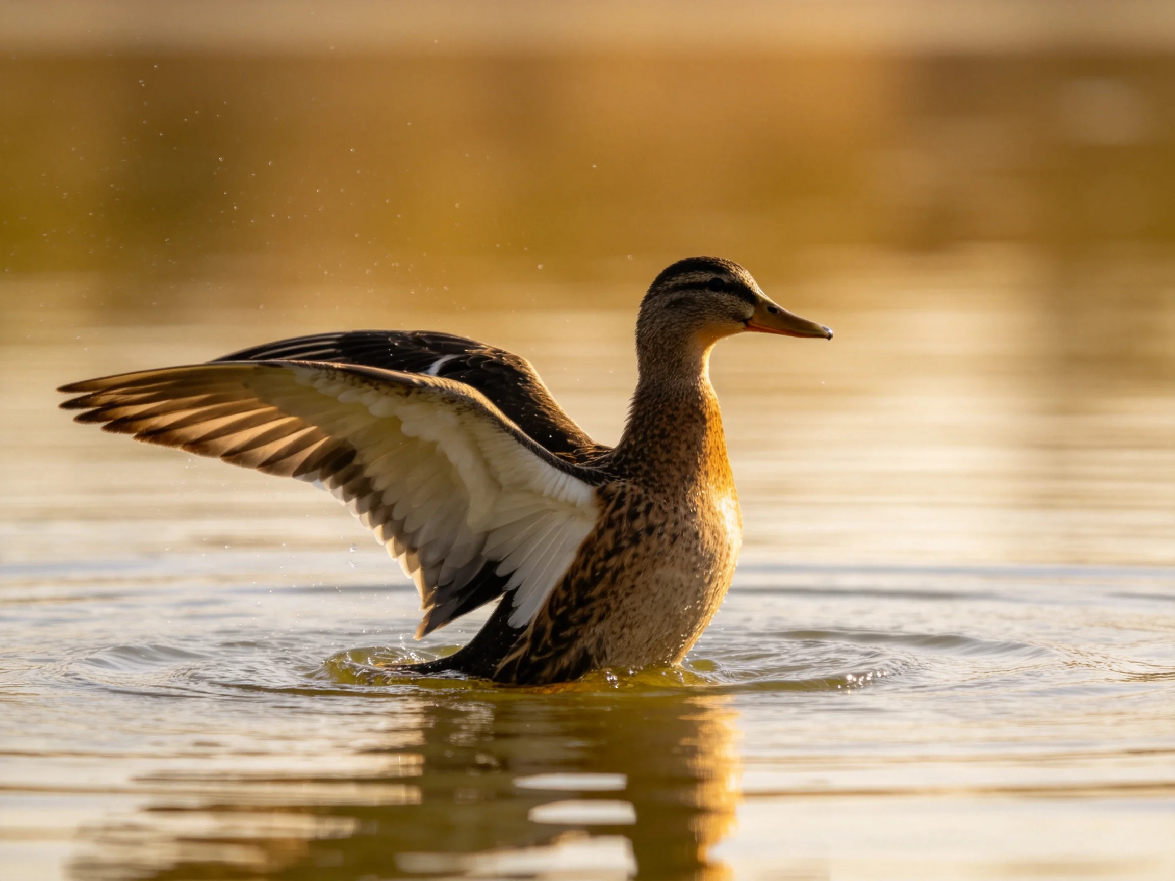 A duck spreading wings in shallow golden water