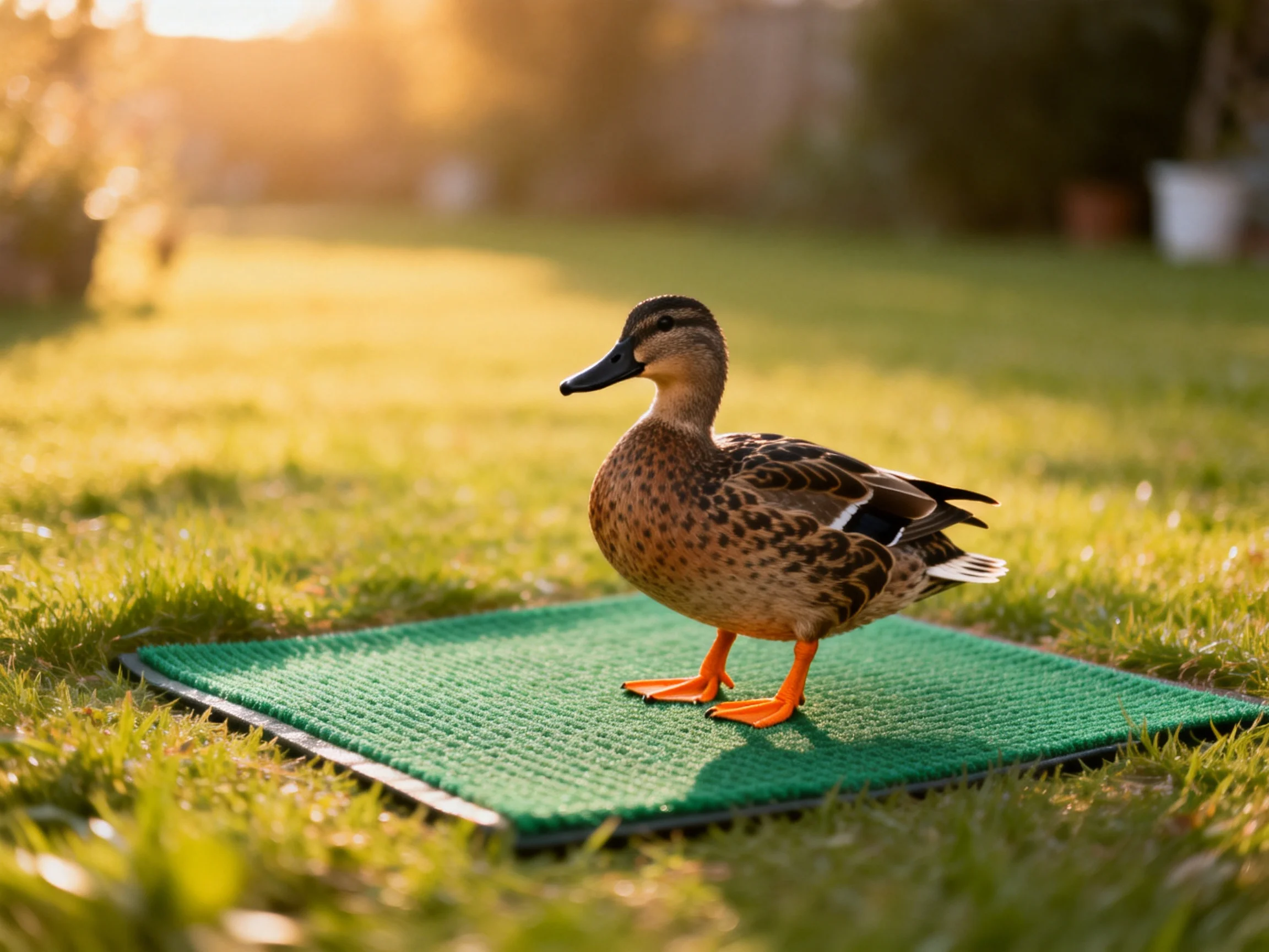 A duck stands on a green mat in a sunlit grassy area