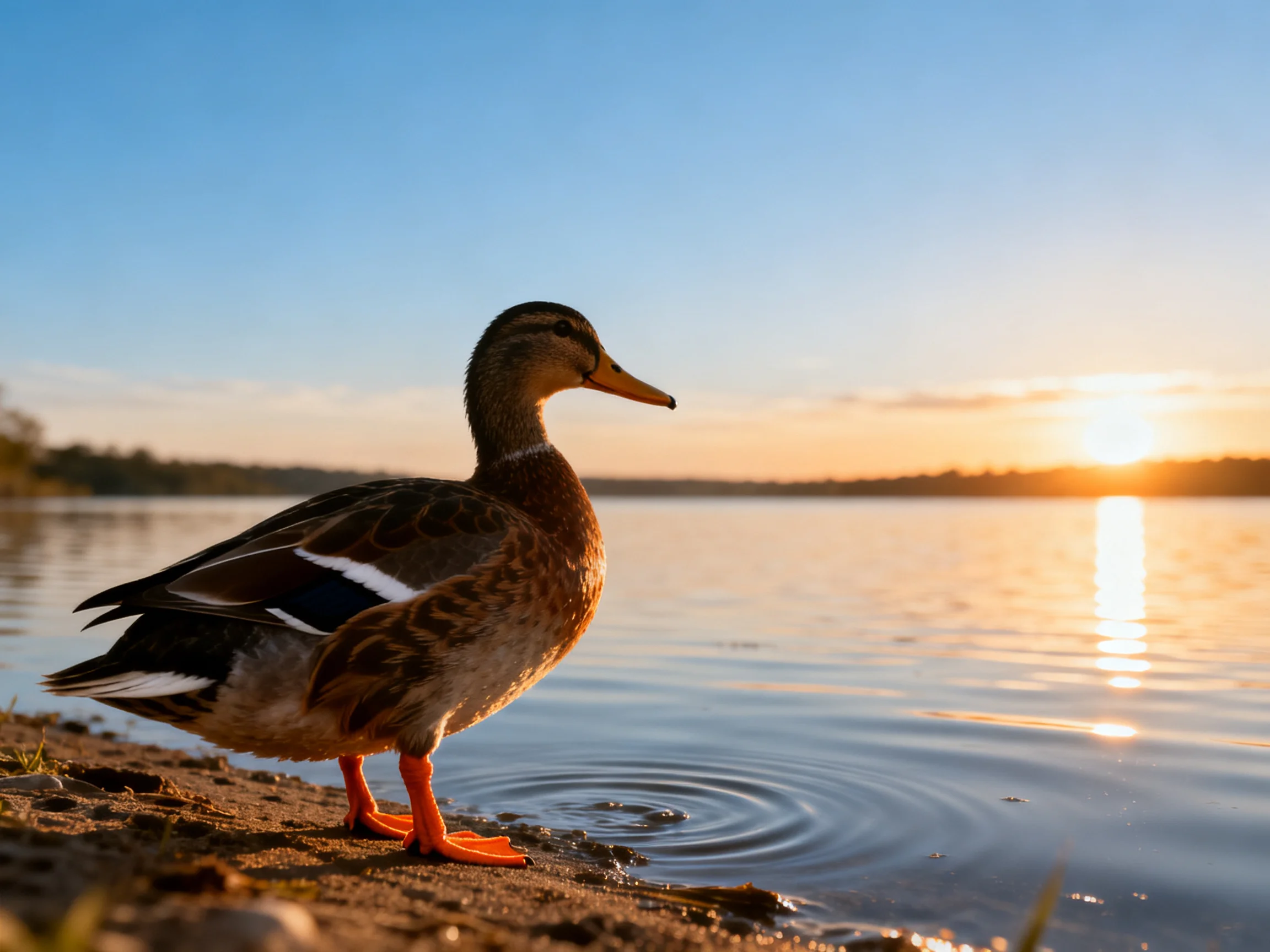 A duck stands on a sandy shore by calm water at sunset