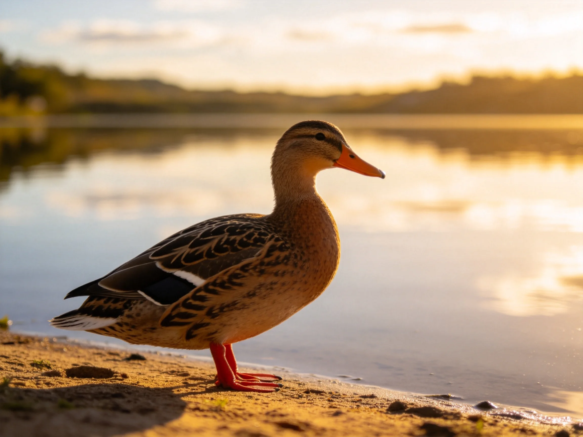 A duck stands on sandy shore by calm water at golden hour