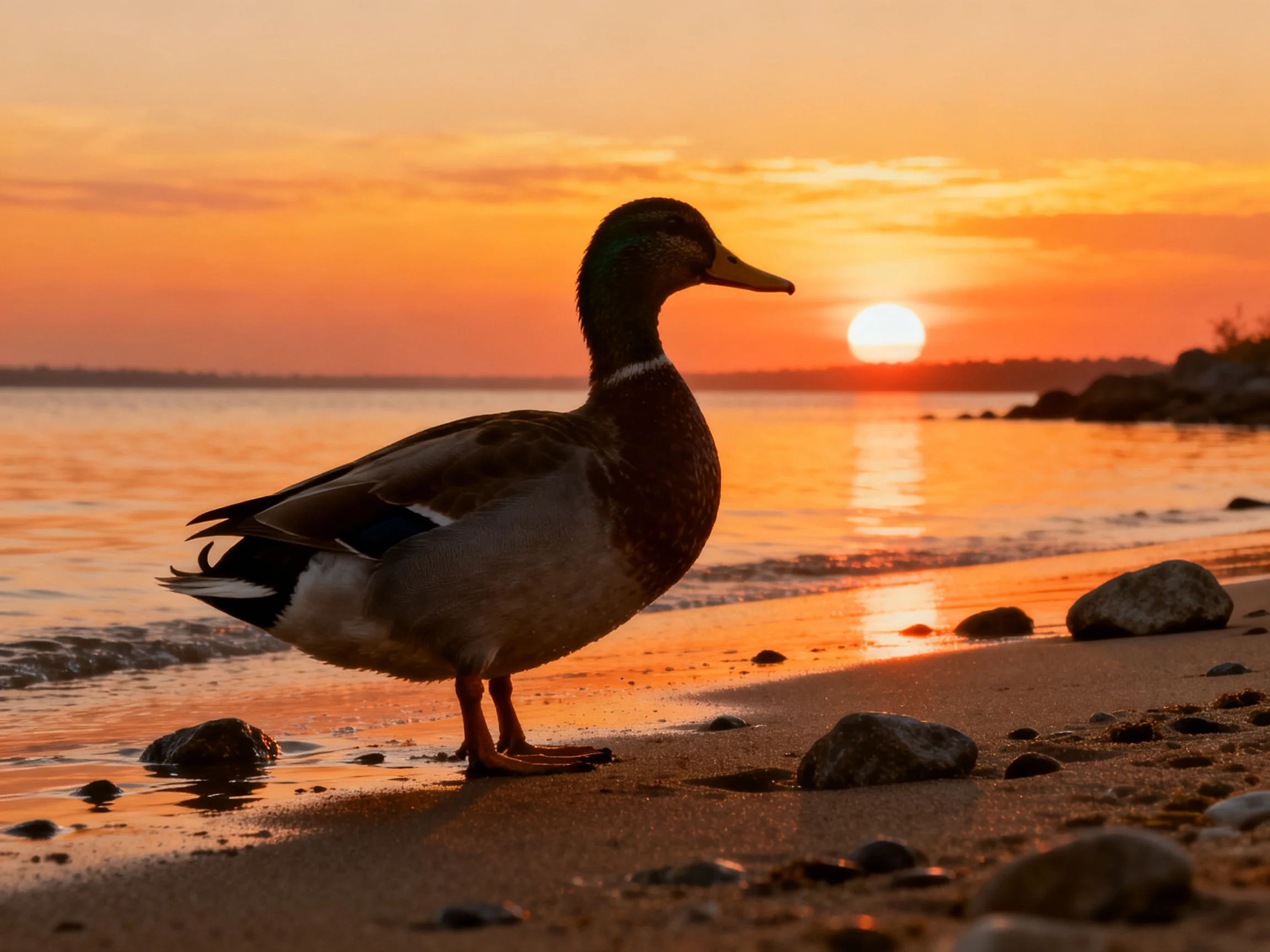 A duck stands on sandy shore during vibrant orange sunset