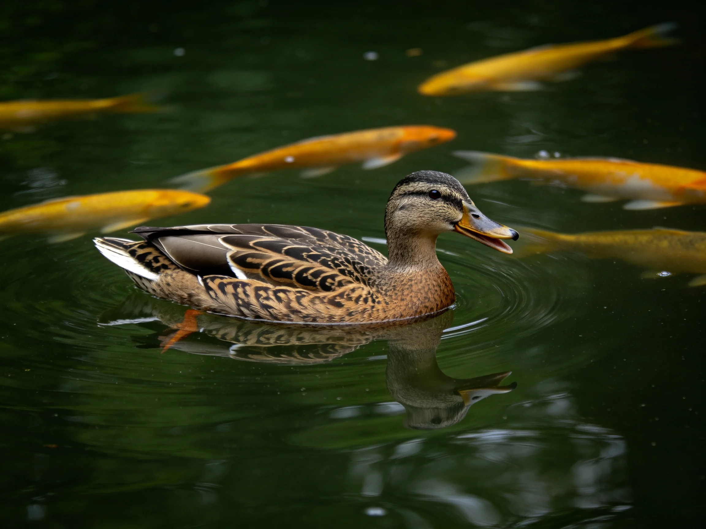 A duck swims amid golden koi in dark green water