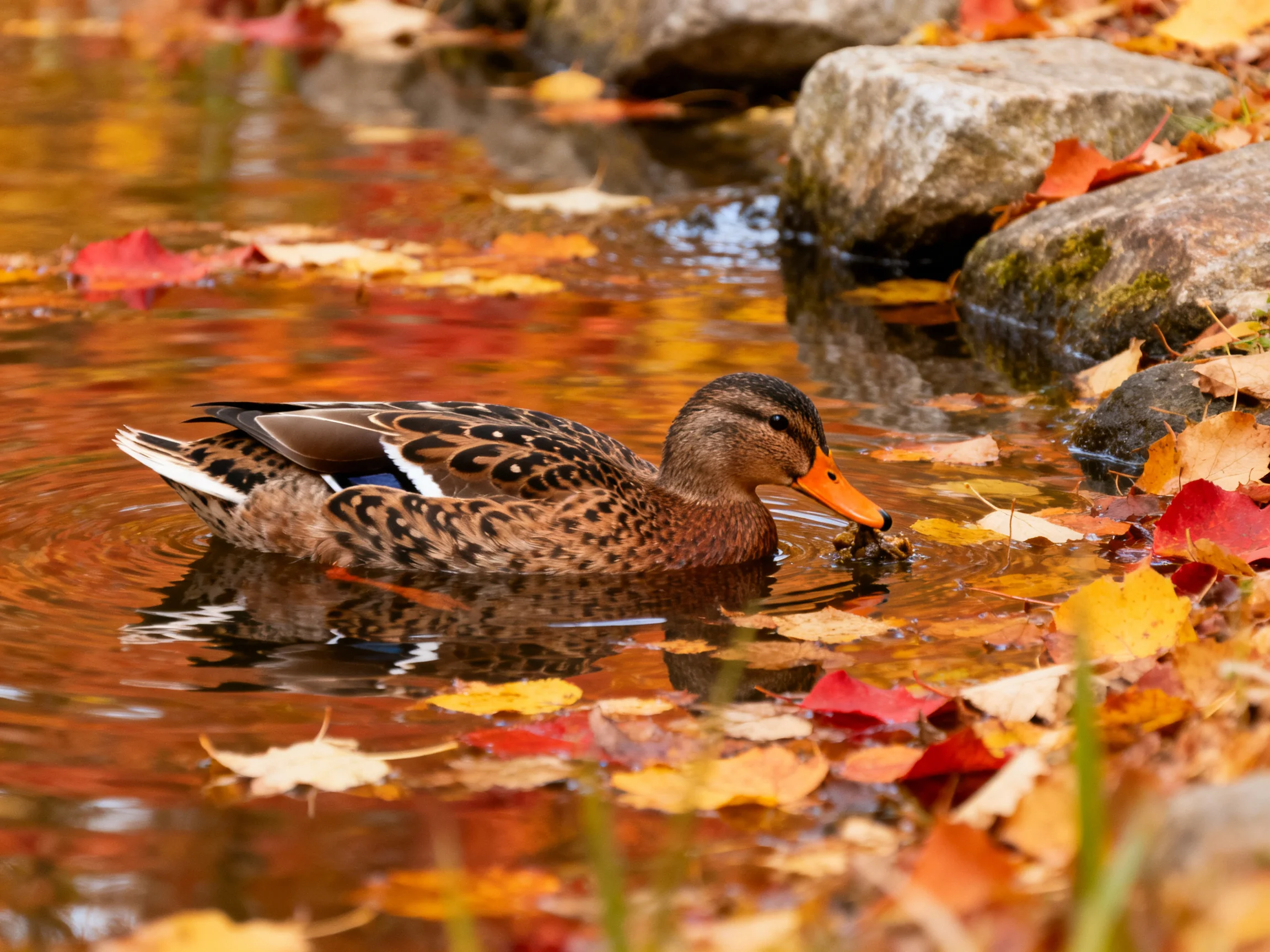 A duck swims amid vibrant fallen leaves in a rocky stream