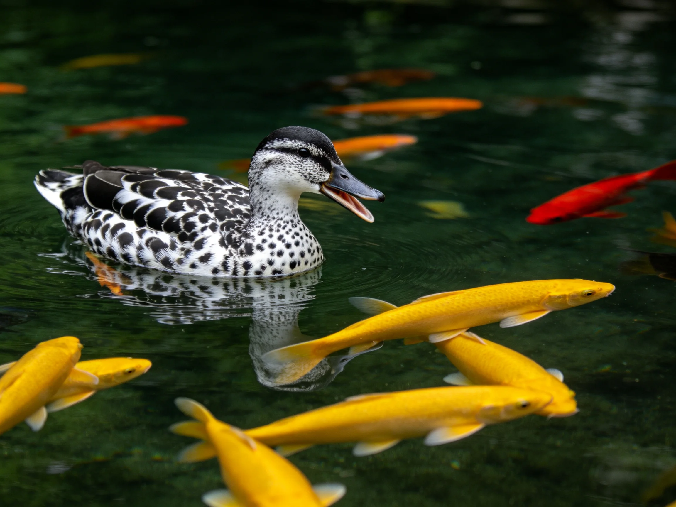 A duck swims among colorful fish in a green pond