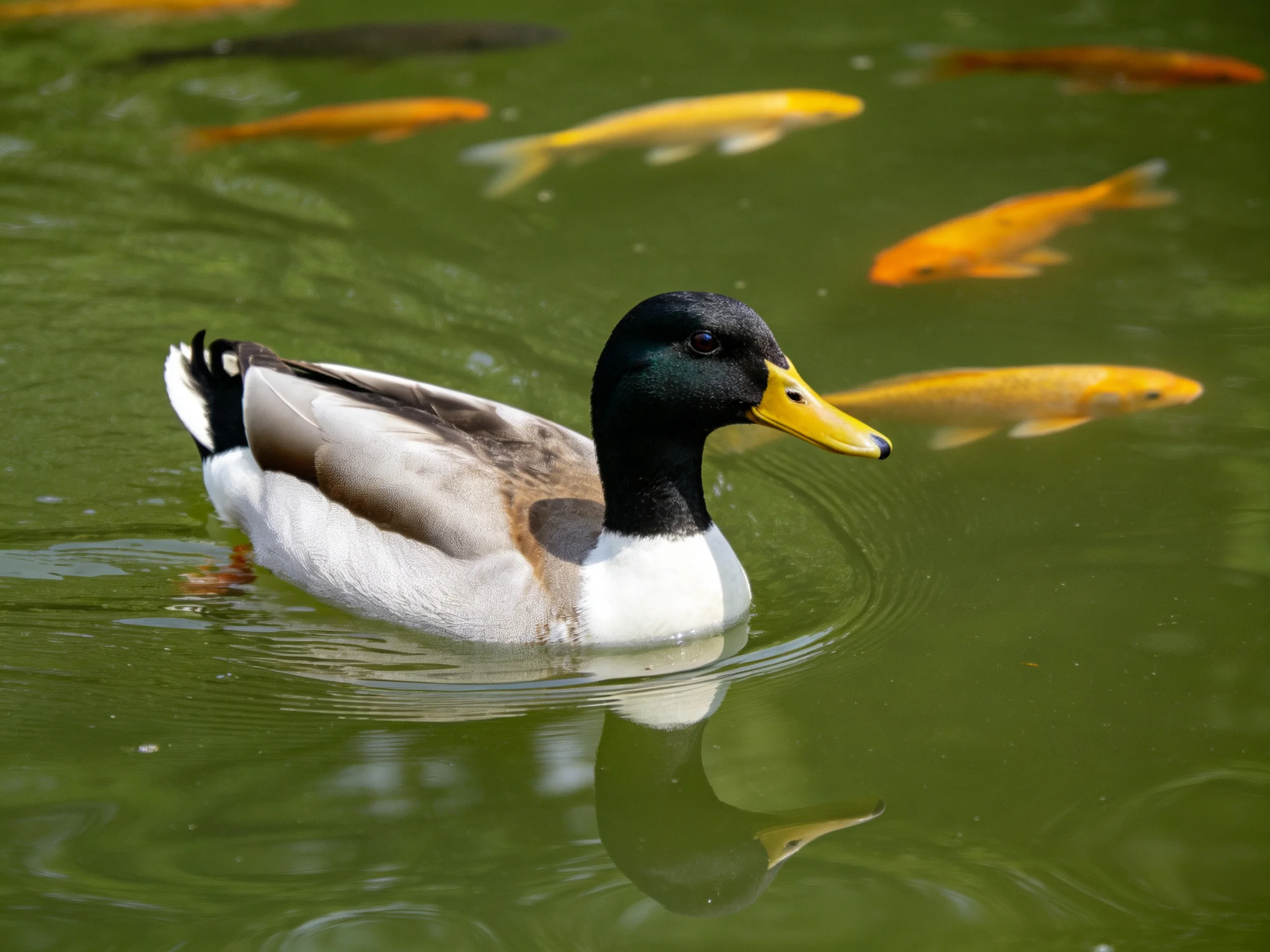 A duck swims among golden koi fish in green water
