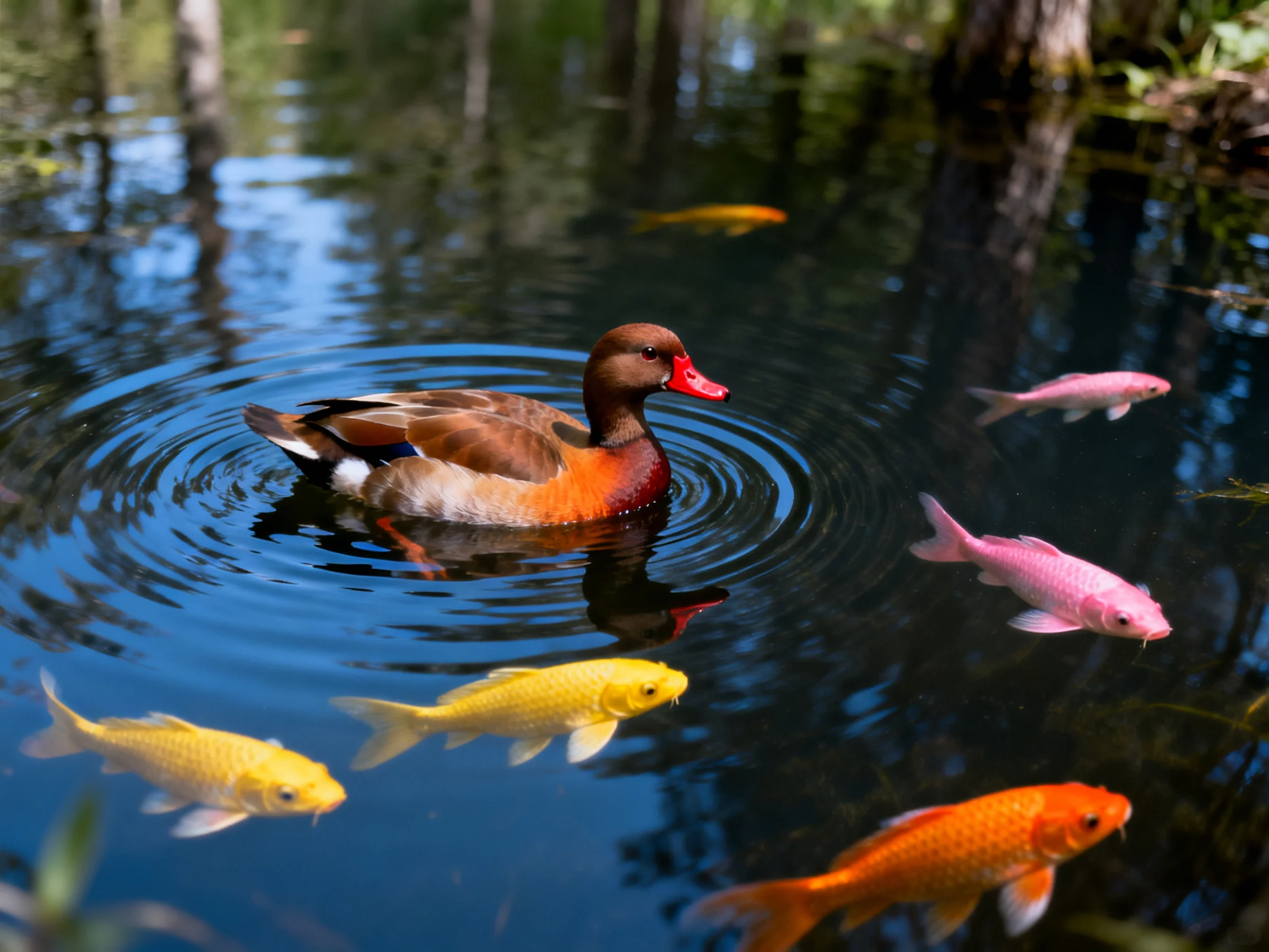 A duck swims among multicolored koi fish in a serene pond