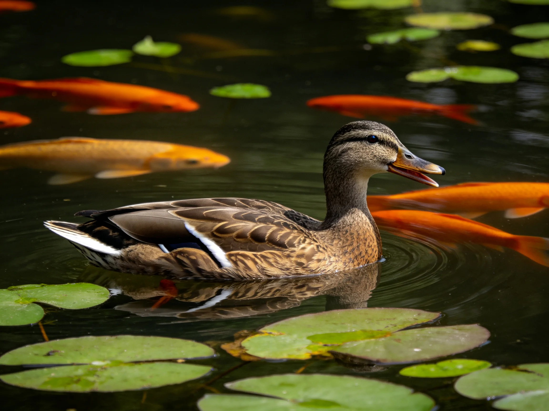 A duck swims among vibrant koi and green lily pads in tranquil water