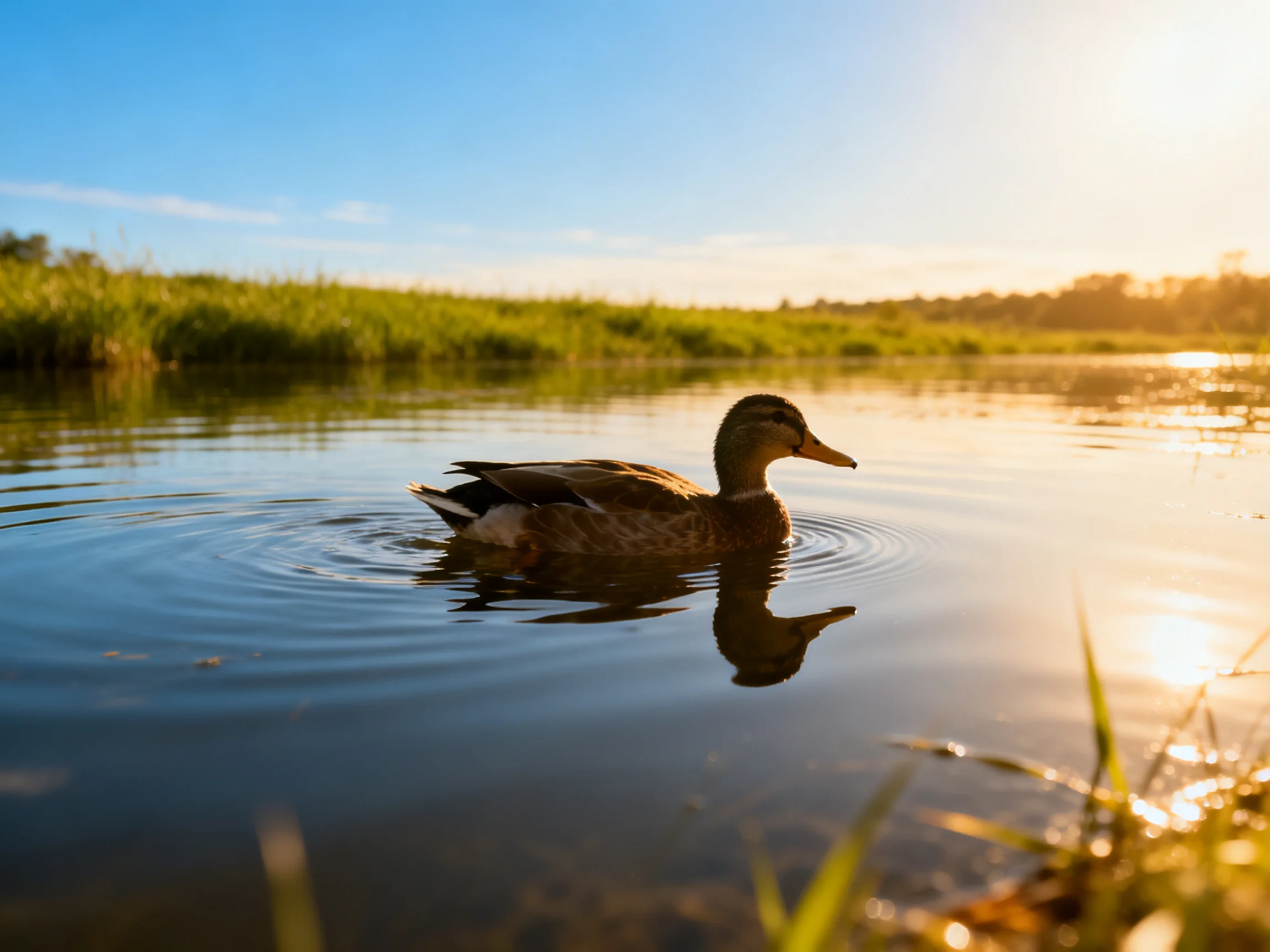 A duck swims in calm water under golden sunlight