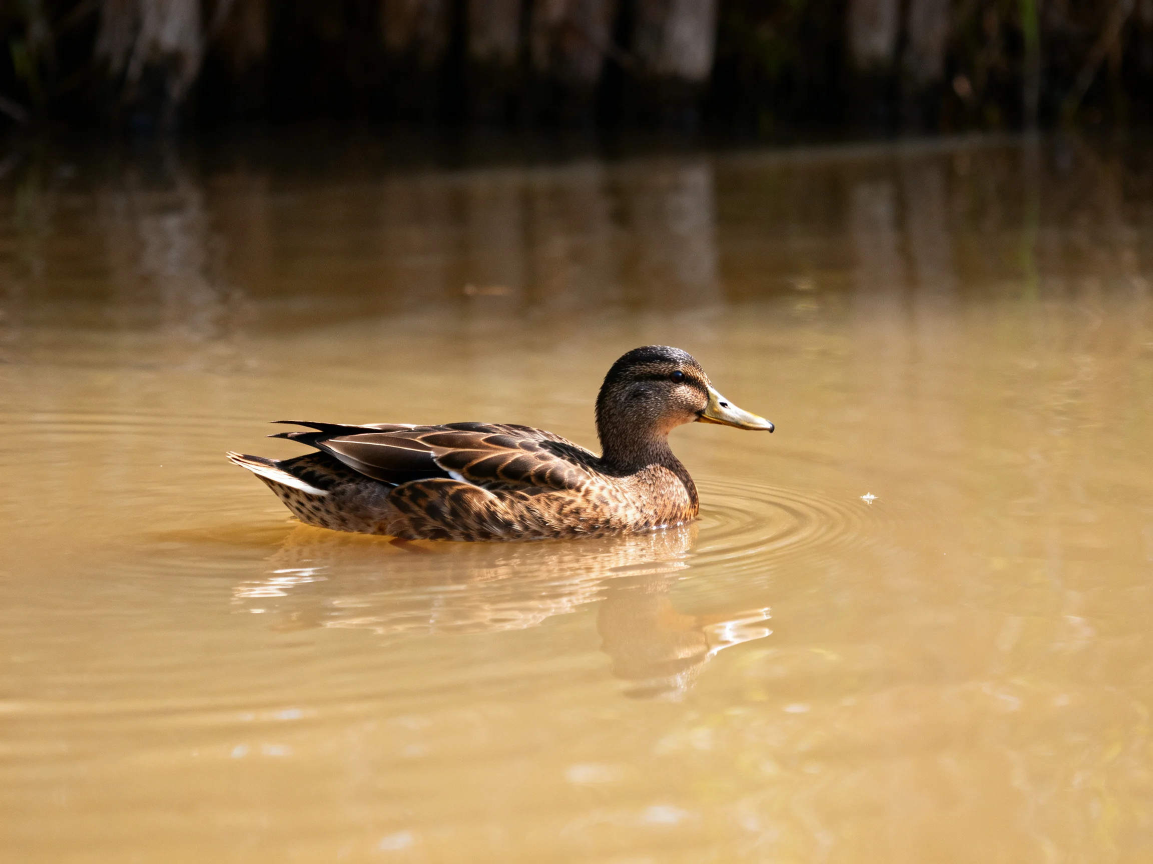 A duck swims in murky brown water near wooden posts