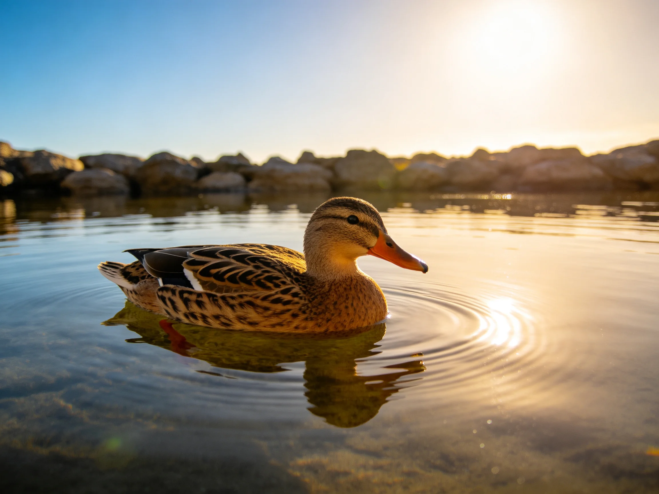 A duck swims in sunlit water near rocky shore under golden light