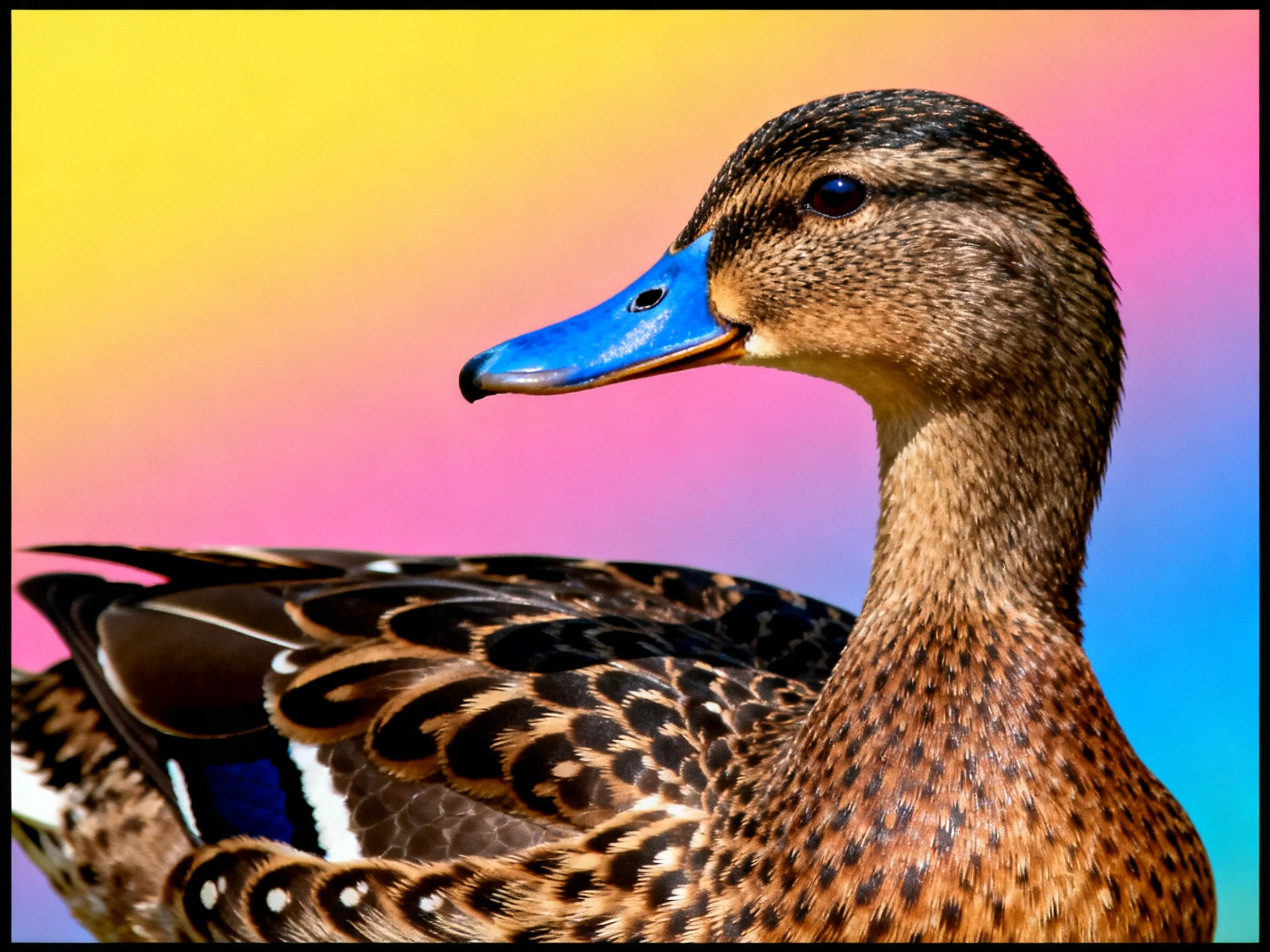 A duck with a bright blue beak and brown-speckled plumage against a rainbow backdrop