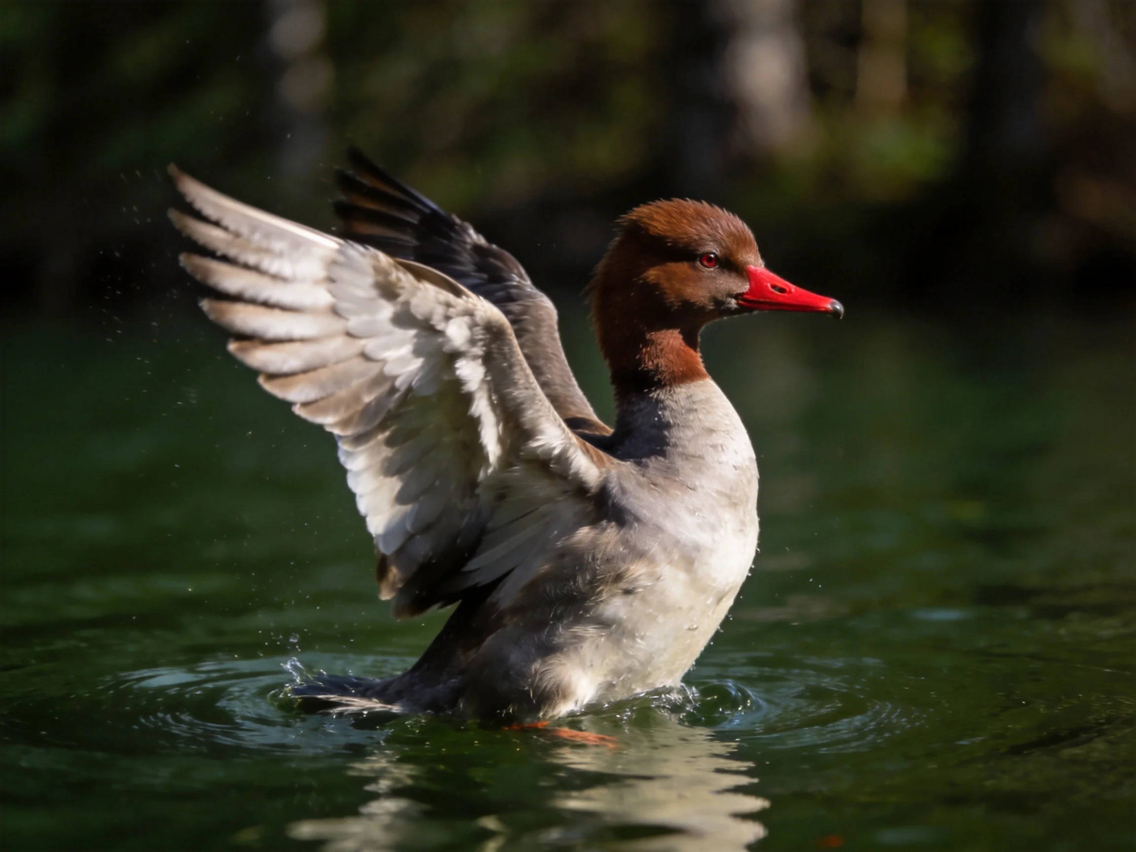 A duck with a bright red beak flaps wings in calm green water