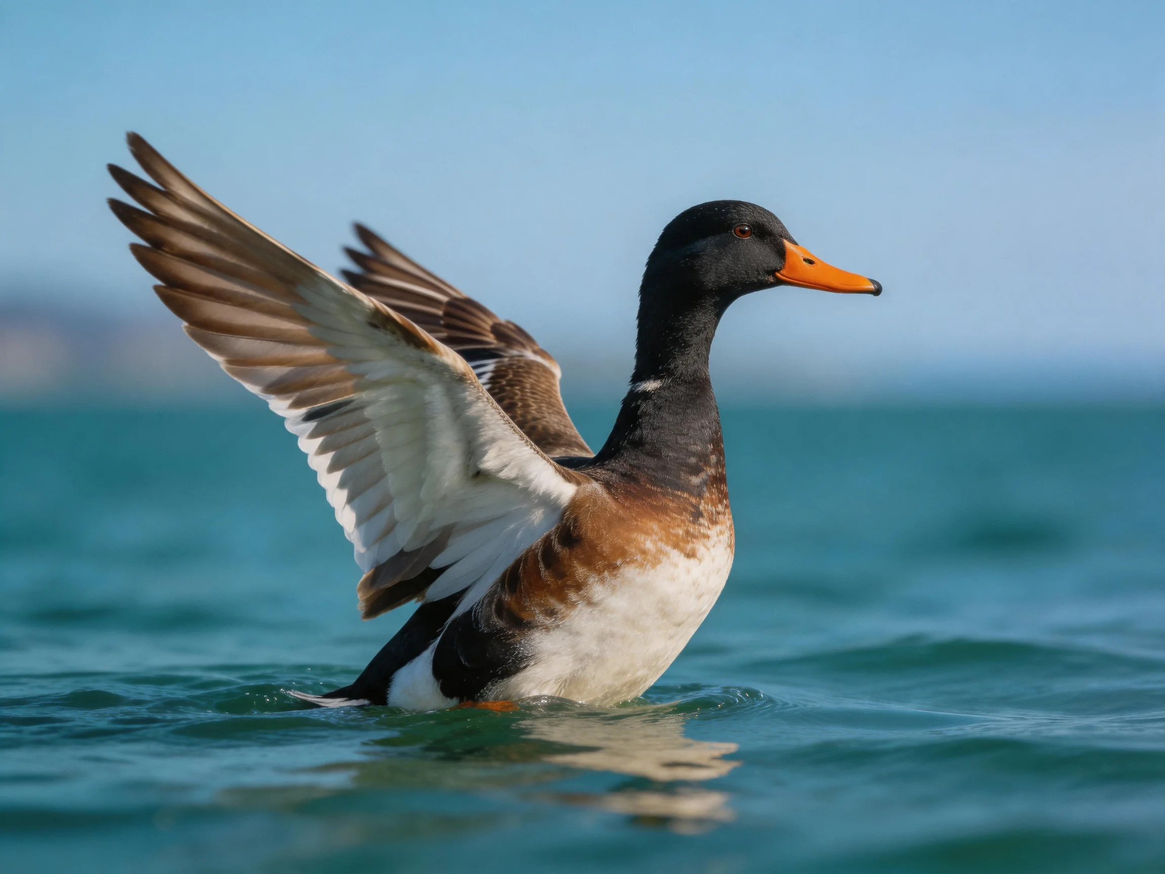 A duck with an orange beak flapping wings in turquoise water