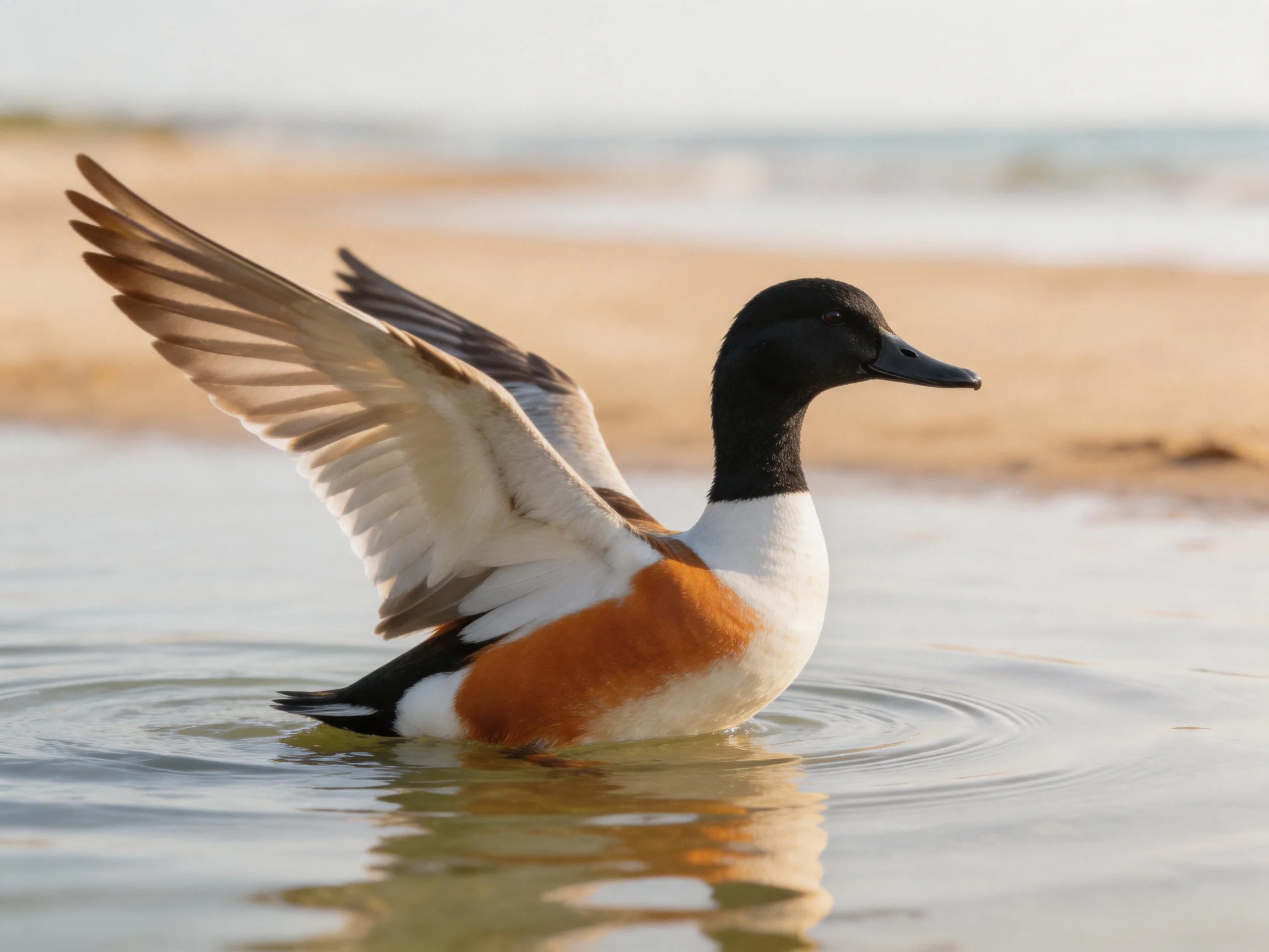 A duck with black head, brown chest flaps wings in shallow water