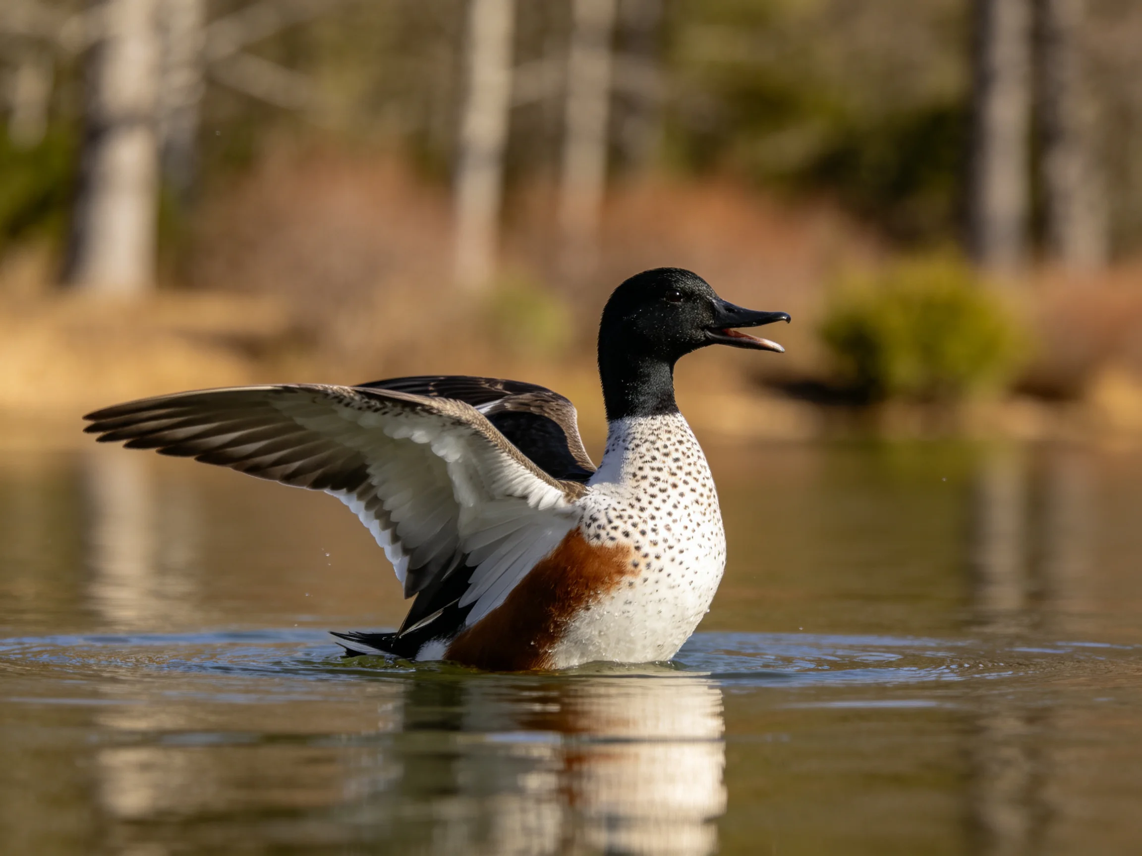A duck with black head, brown chest spreading wings in calm water