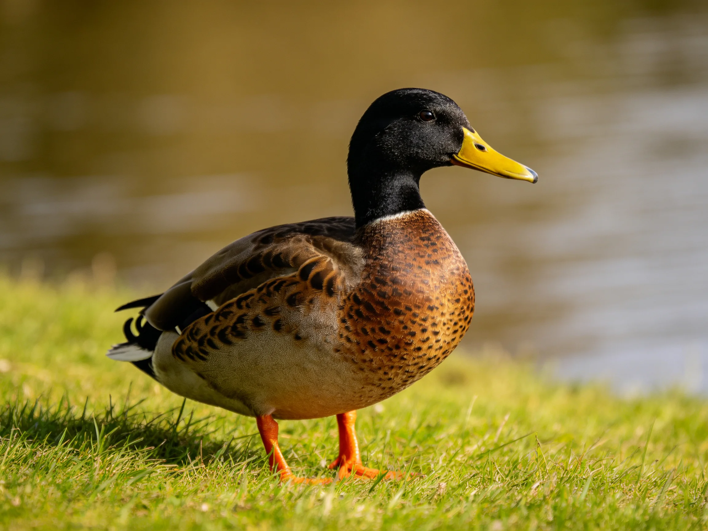 A duck with black head, yellow beak, orange feet, on green grass by water