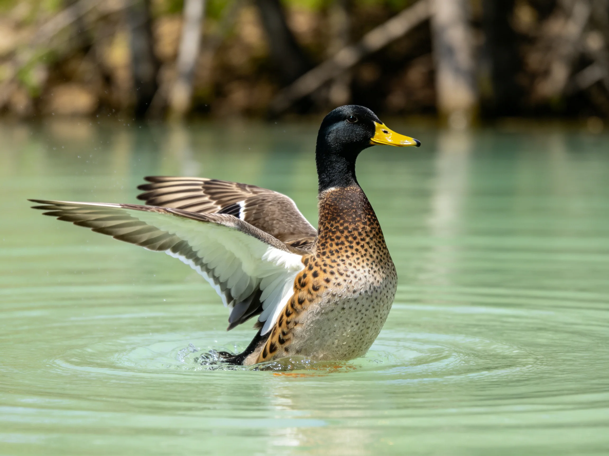 A duck with black head, yellow beak spreads wings in calm water