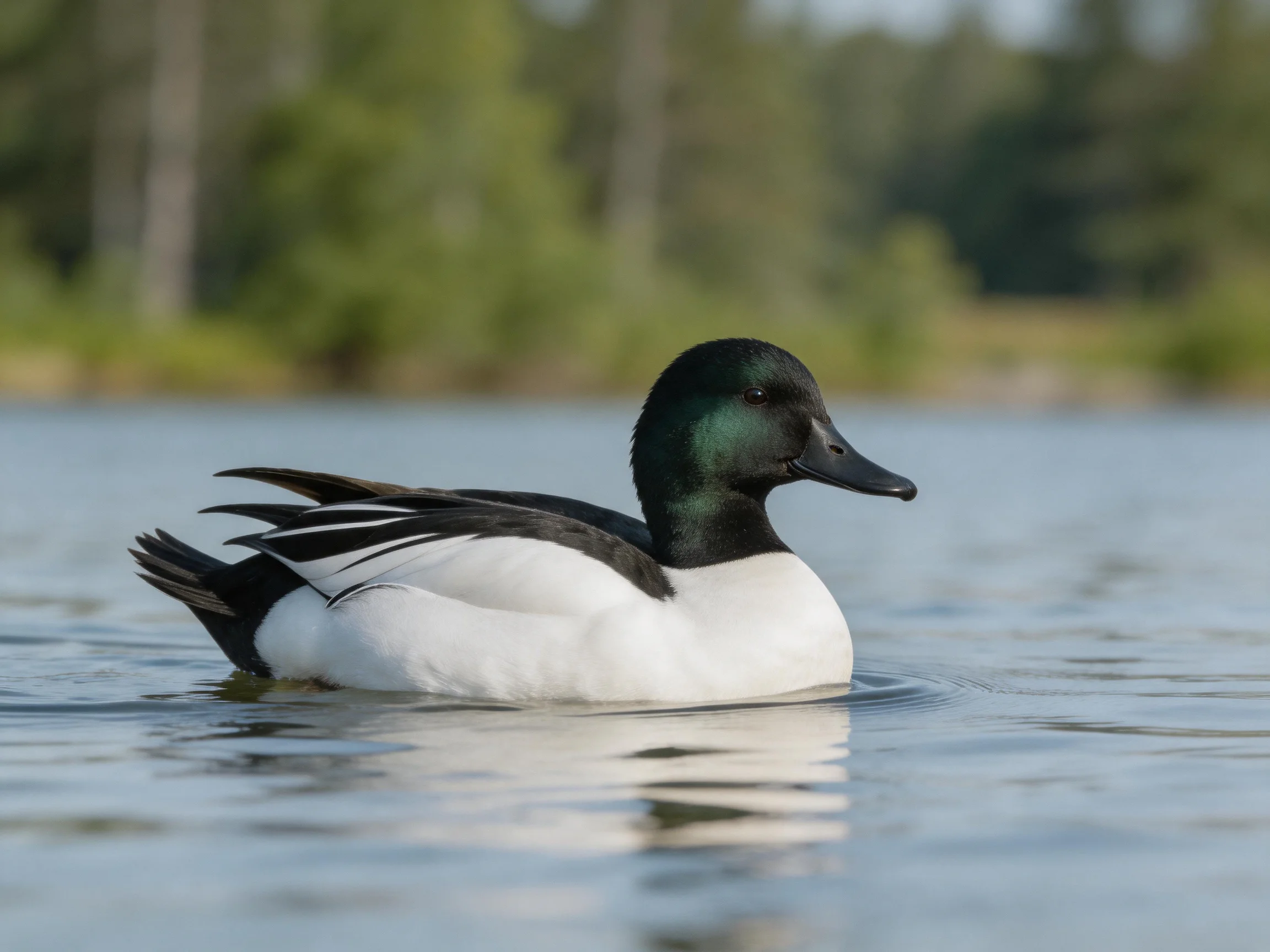 A duck with black, white, and iridescent green plumage swims in calm water