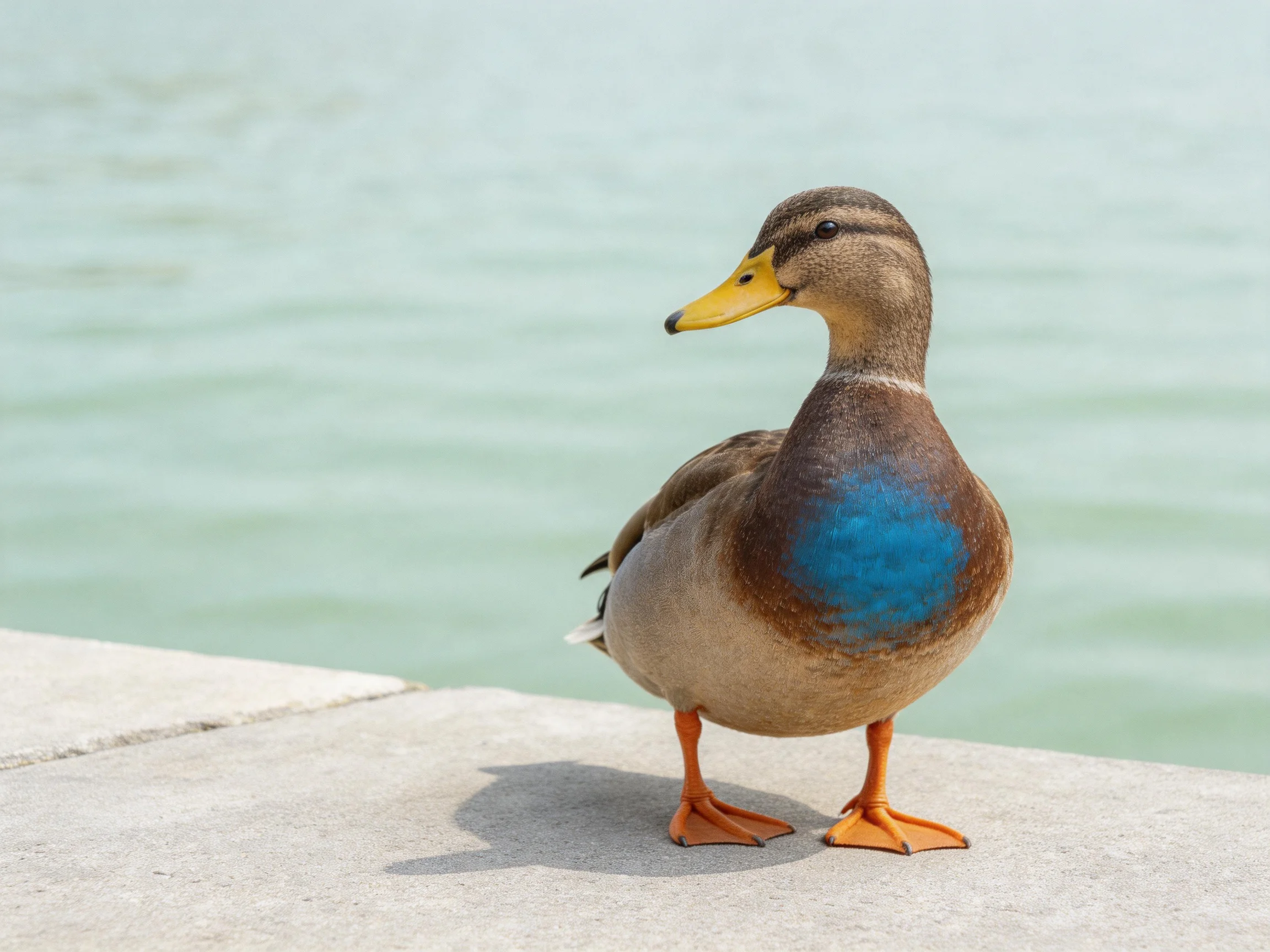 A duck with blue chest stands on concrete by calm water