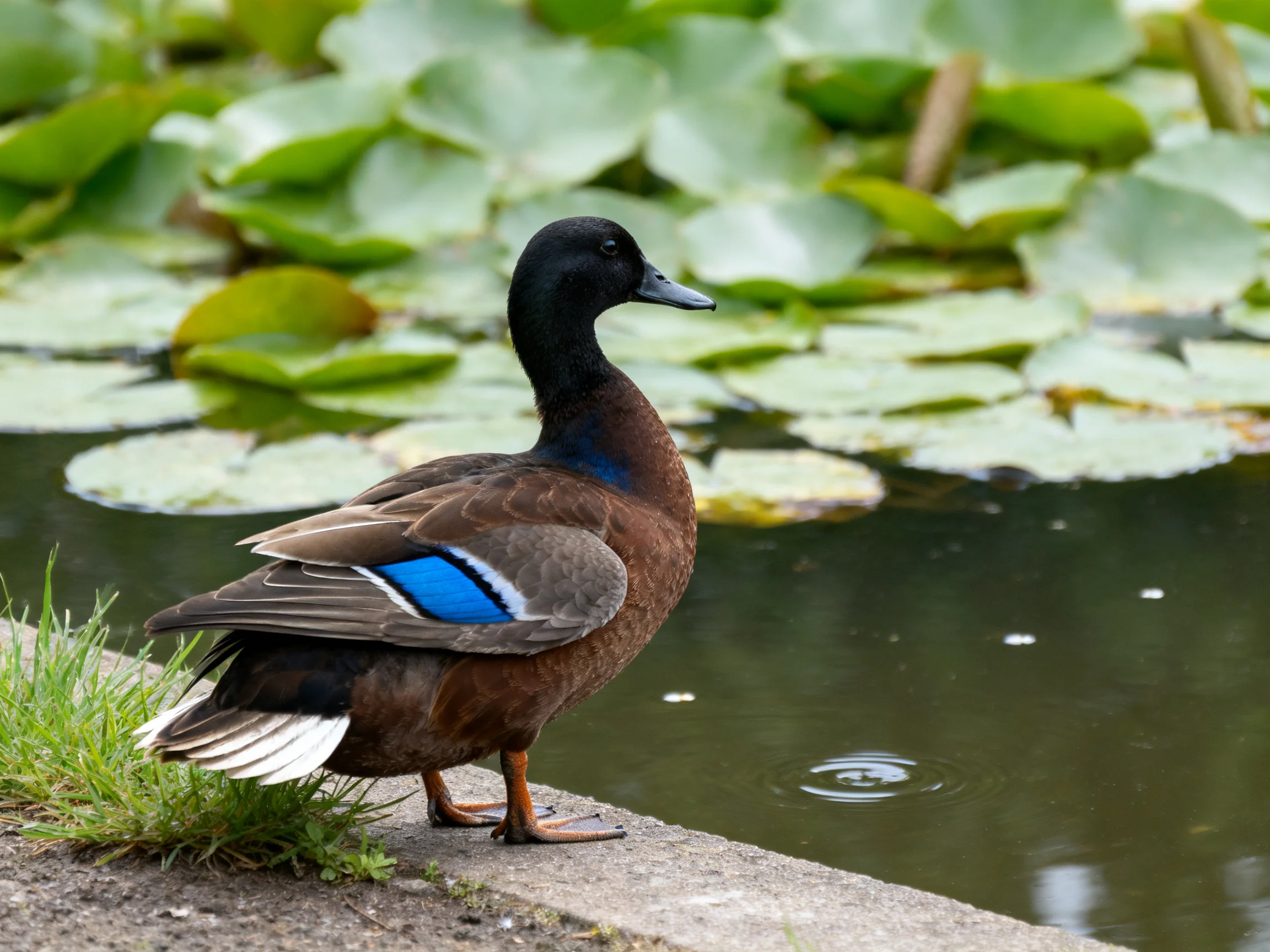A duck with blue wing patch stands by lily-pad covered pond