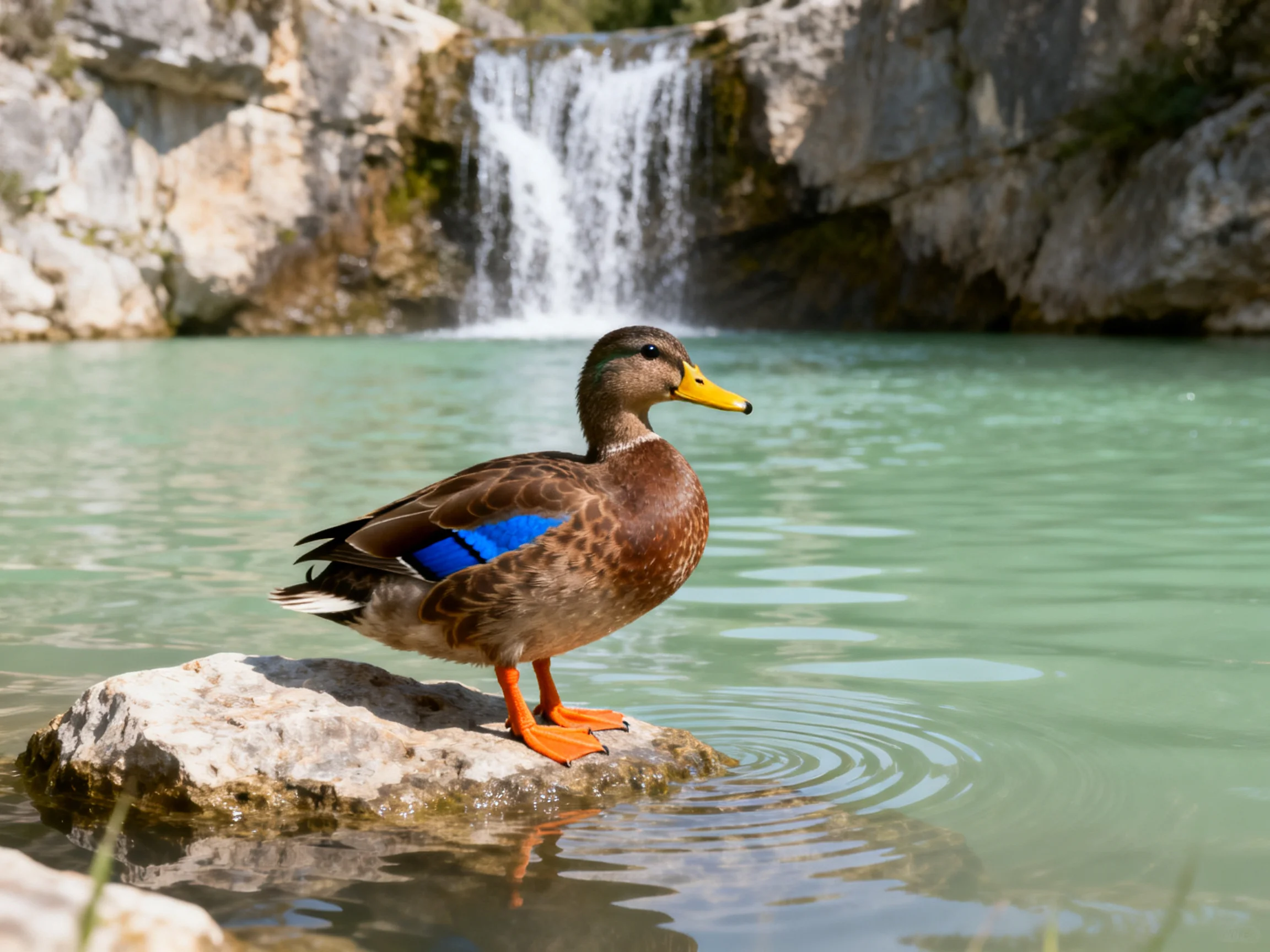 A duck with blue wing patches perched on a rock by a waterfall