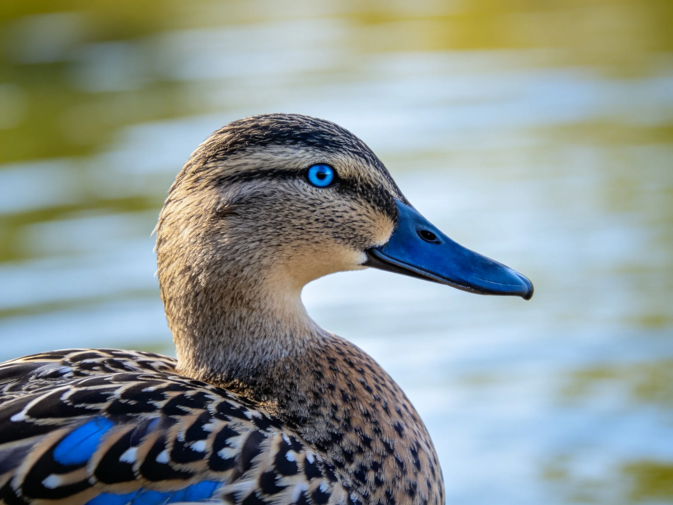 A duck with striking blue features is near water.