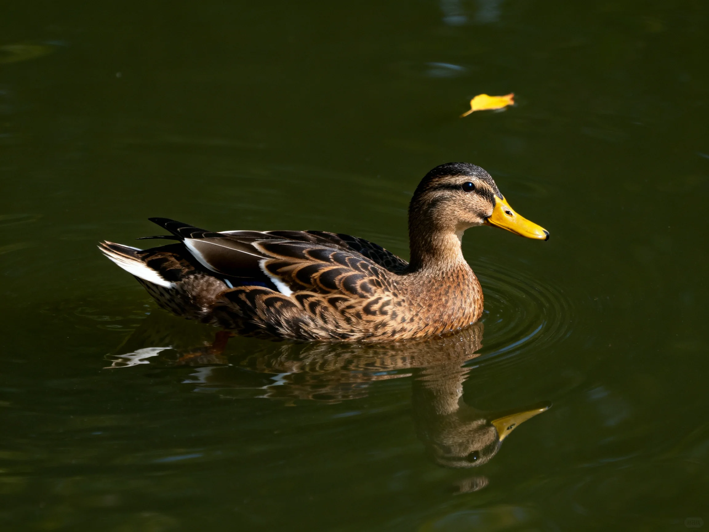 A duck with brown and black plumage swims in green water