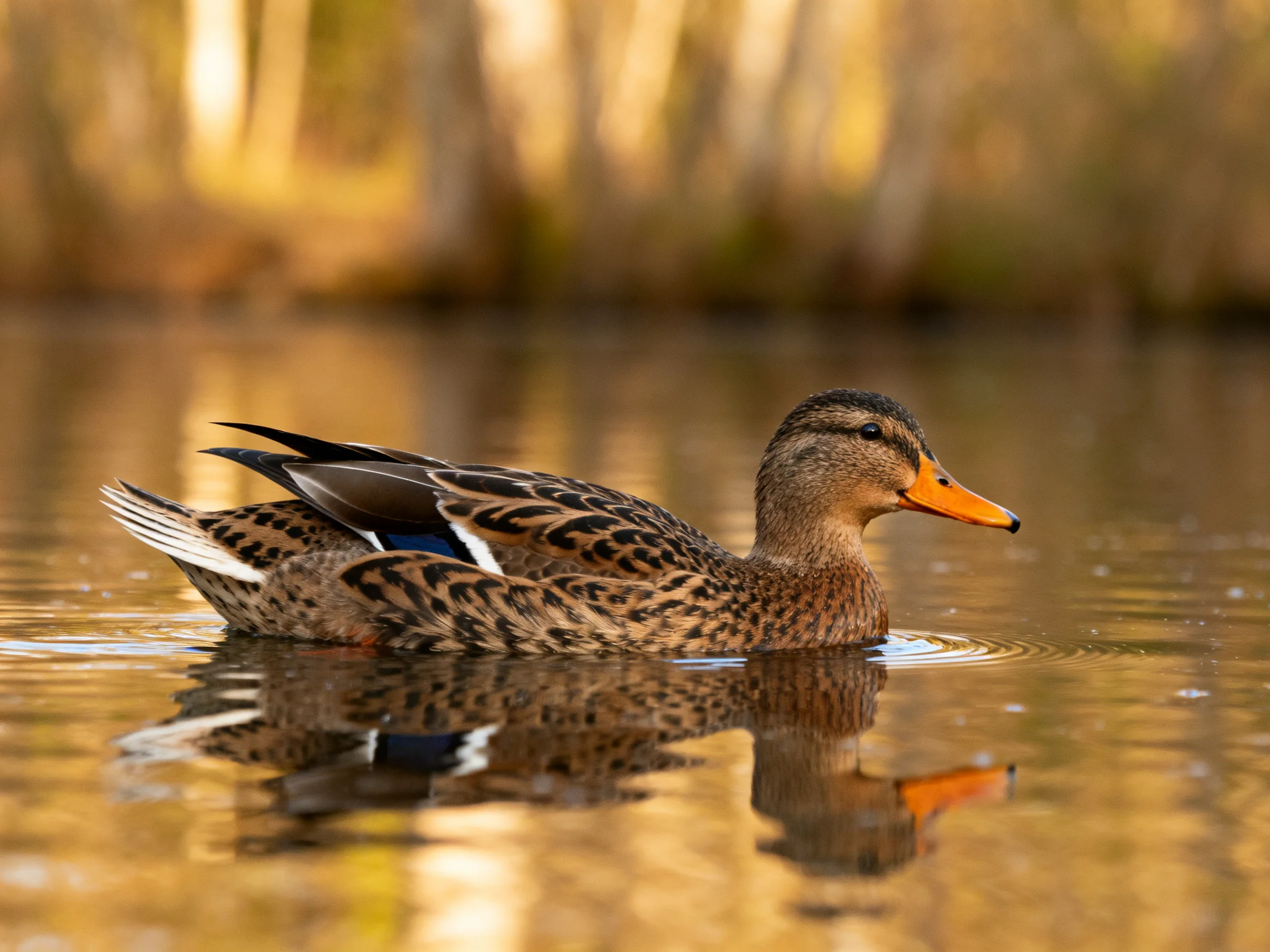 A duck with brown and patterned plumage swims in golden water