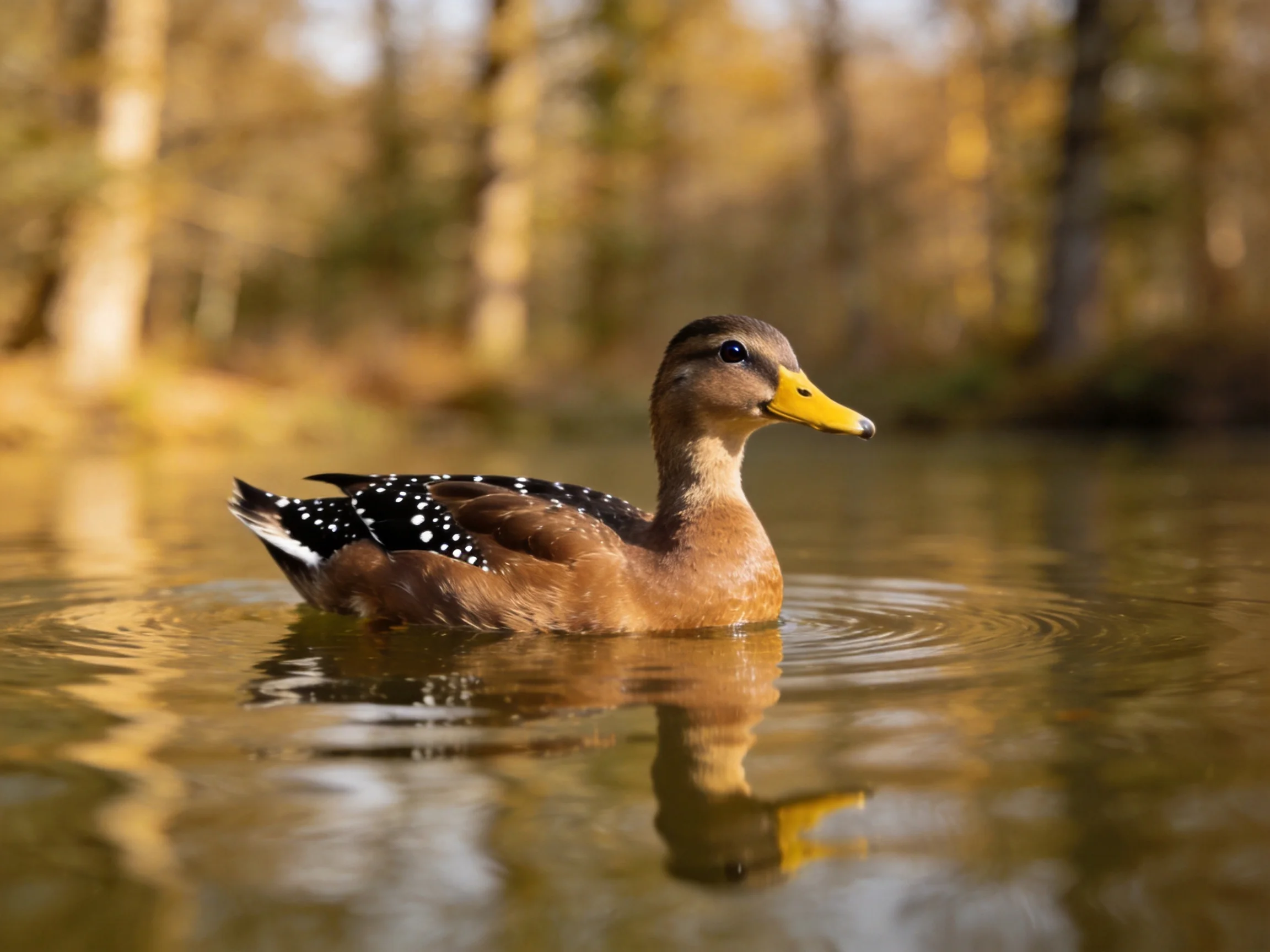 A duck with brown and spotted plumage swims in calm water near autumn trees