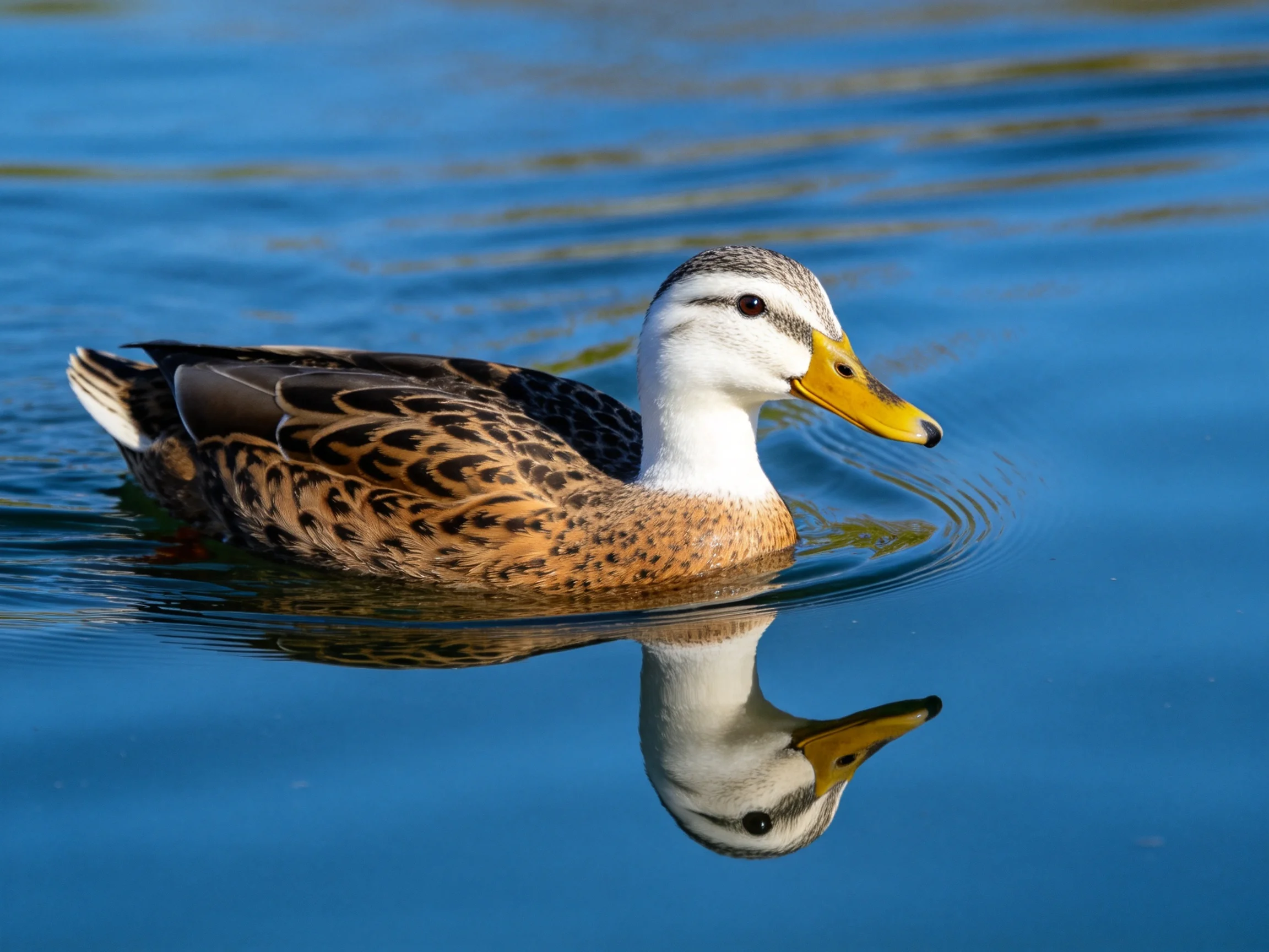 A duck with brown and white plumage swims in calm blue water