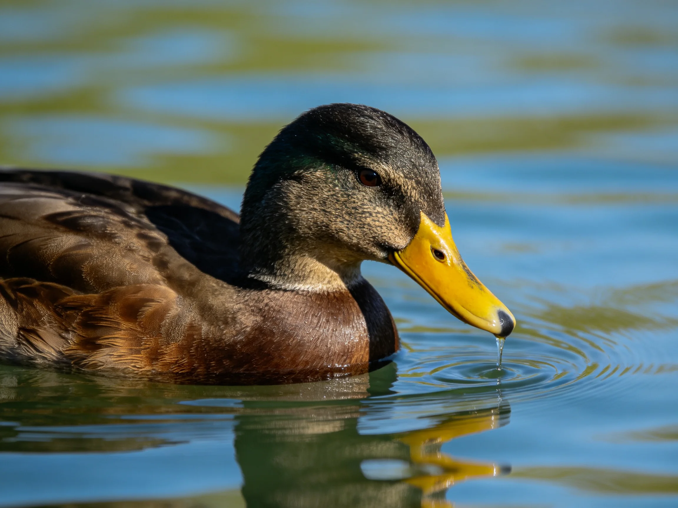 A duck with brown feathers and a bright yellow beak swims in calm water