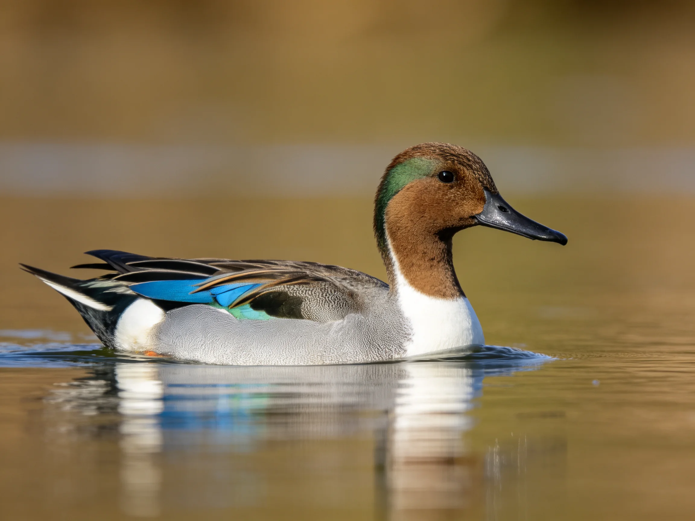 A duck with brown, green, and blue plumage swims in calm water.