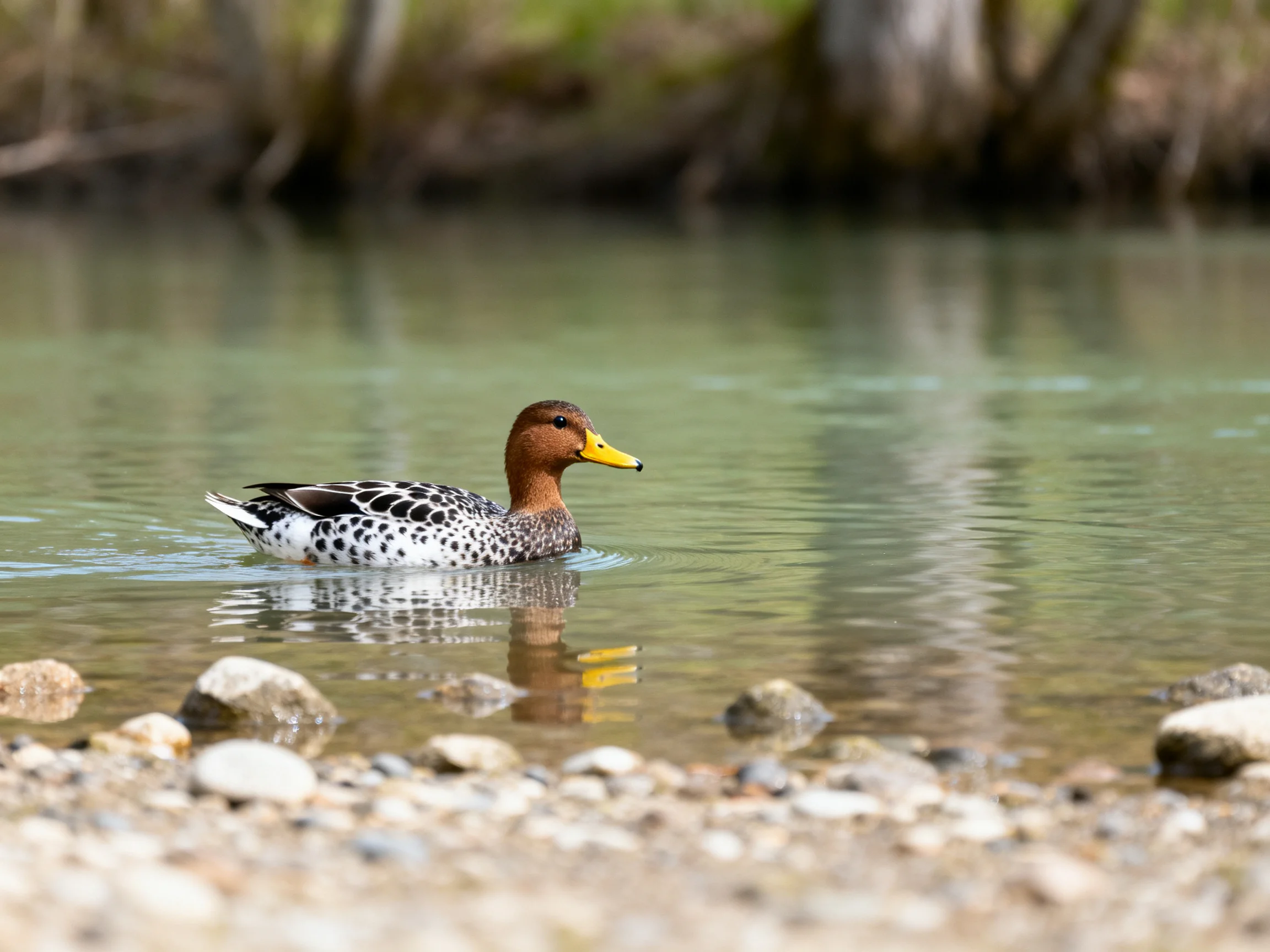 A duck with brown head and yellow beak swims in calm water near pebbles