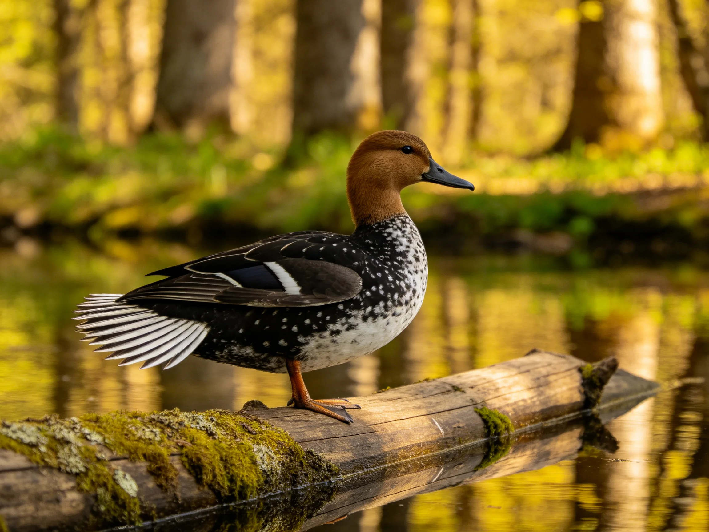 A duck with brown head perched on a mossy wooden log by forest water