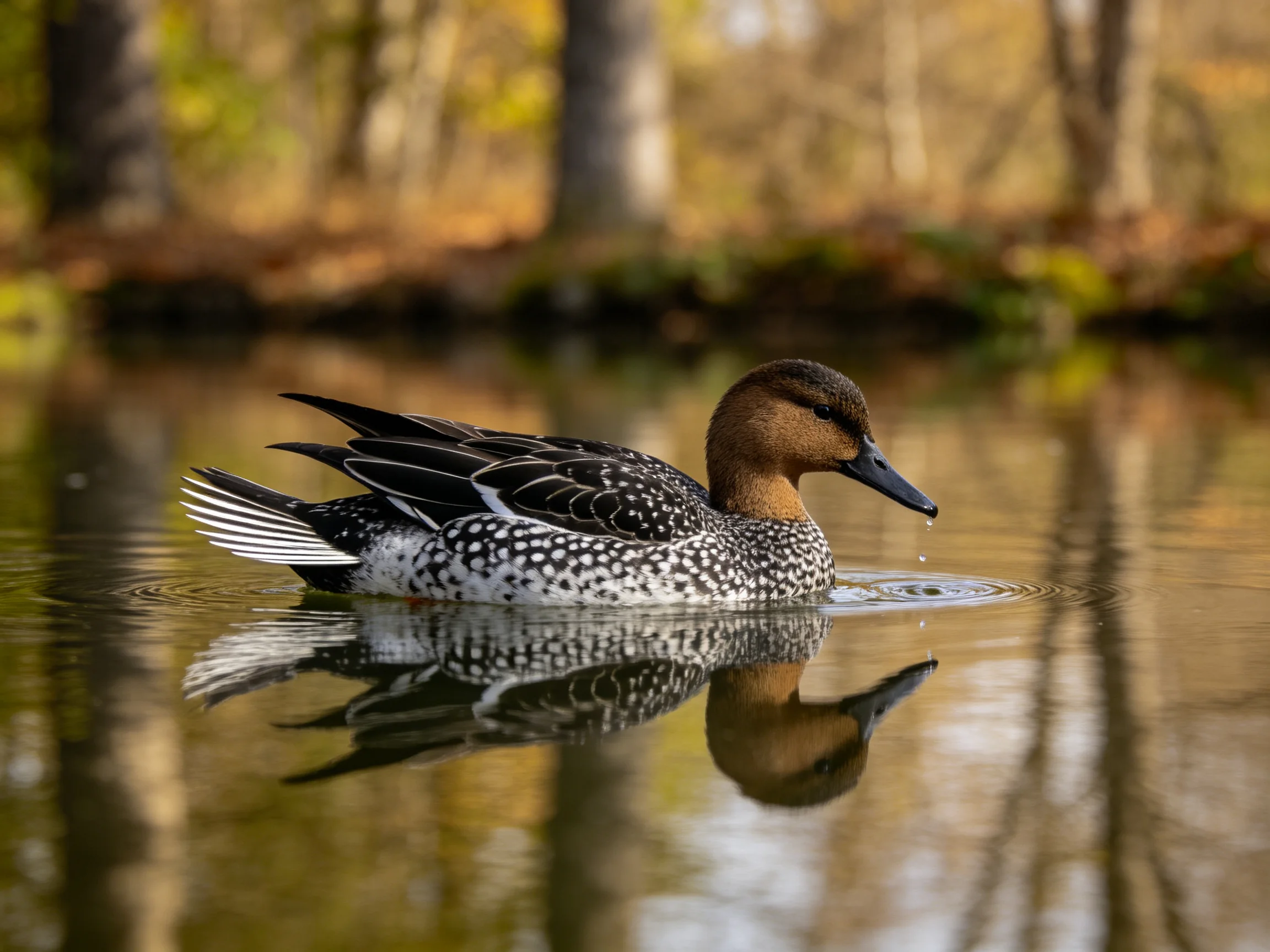 A duck with brown head swims in calm waters reflecting autumn trees